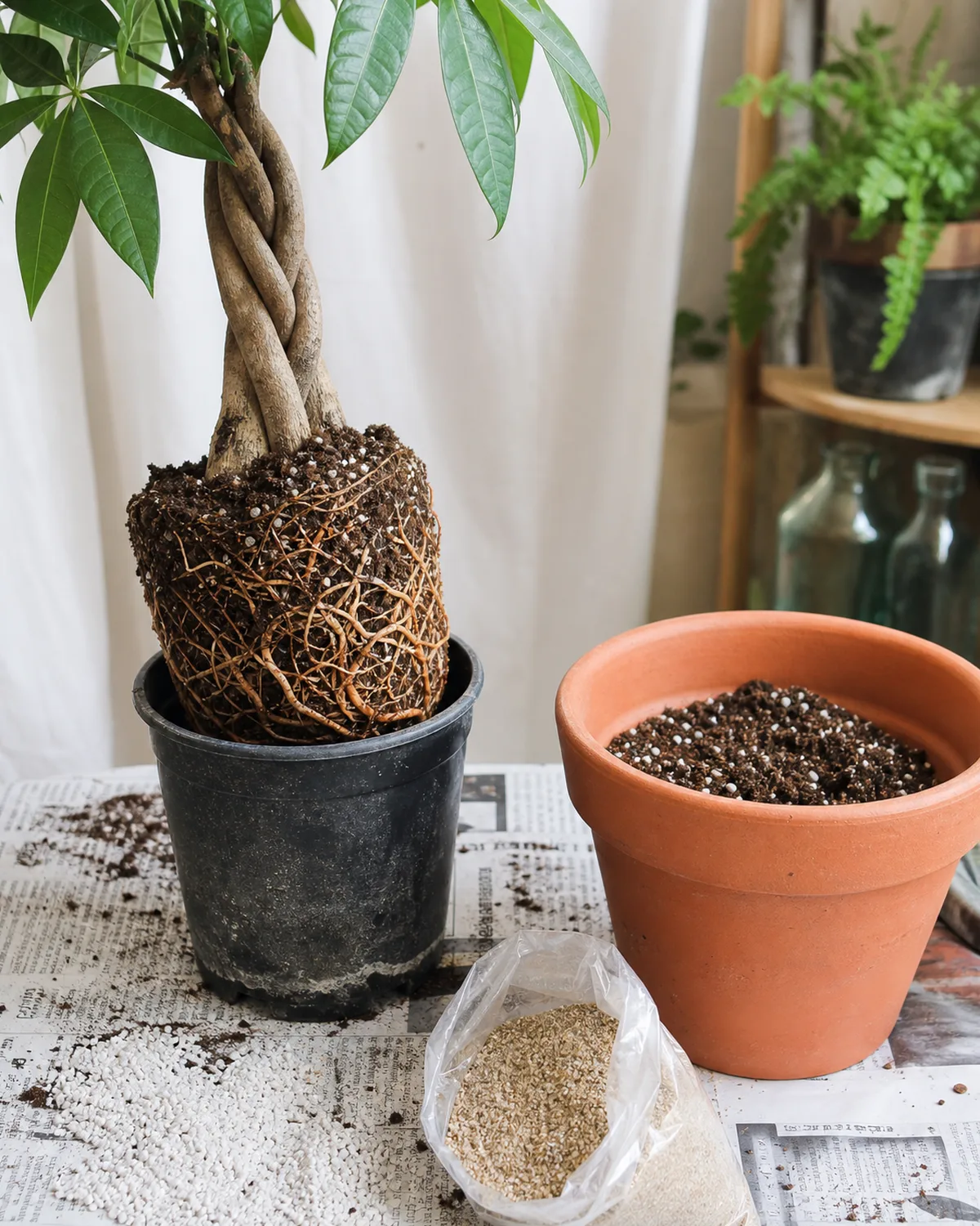 A money tree being repotted showing the root ball partially lifted from a nursery plastic pot with fresh well-draining potting mix in a terracotta pot beside it on a newspaper-covered table with perlite and a small bag of sand visible