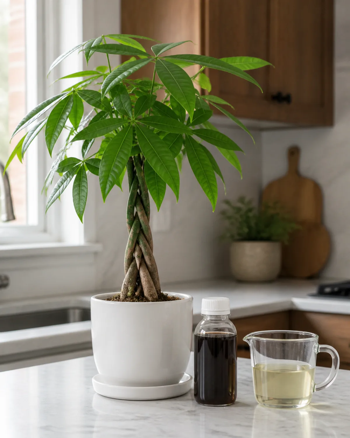 A money tree in a white pot on a kitchen counter with a small bottle of liquid plant fertilizer beside it and a measuring cup suggesting diluting the fertilizer with natural light from a nearby window illuminating the scene
