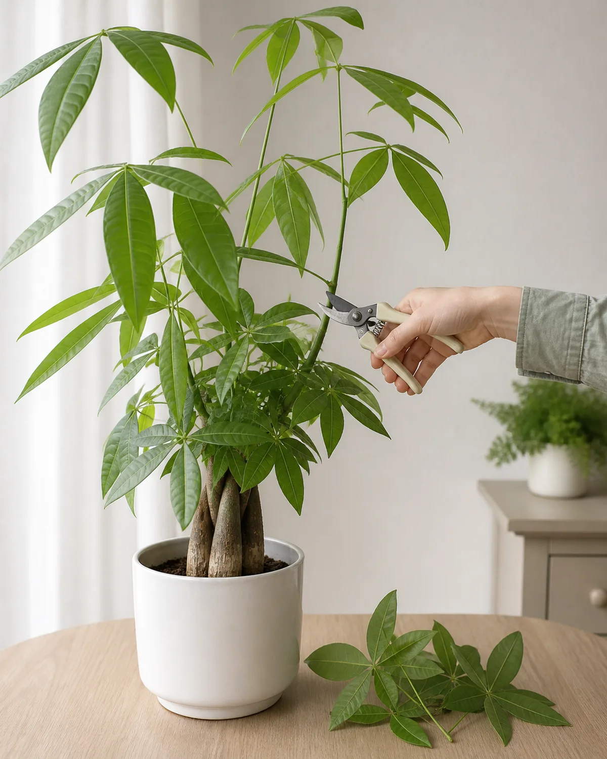 A person using clean sharp pruning shears to trim a leggy money tree stem just above a leaf node with the full plant visible in a white pot on a table small pile of trimmed cuttings with leaves beside the pot in bright indirect light