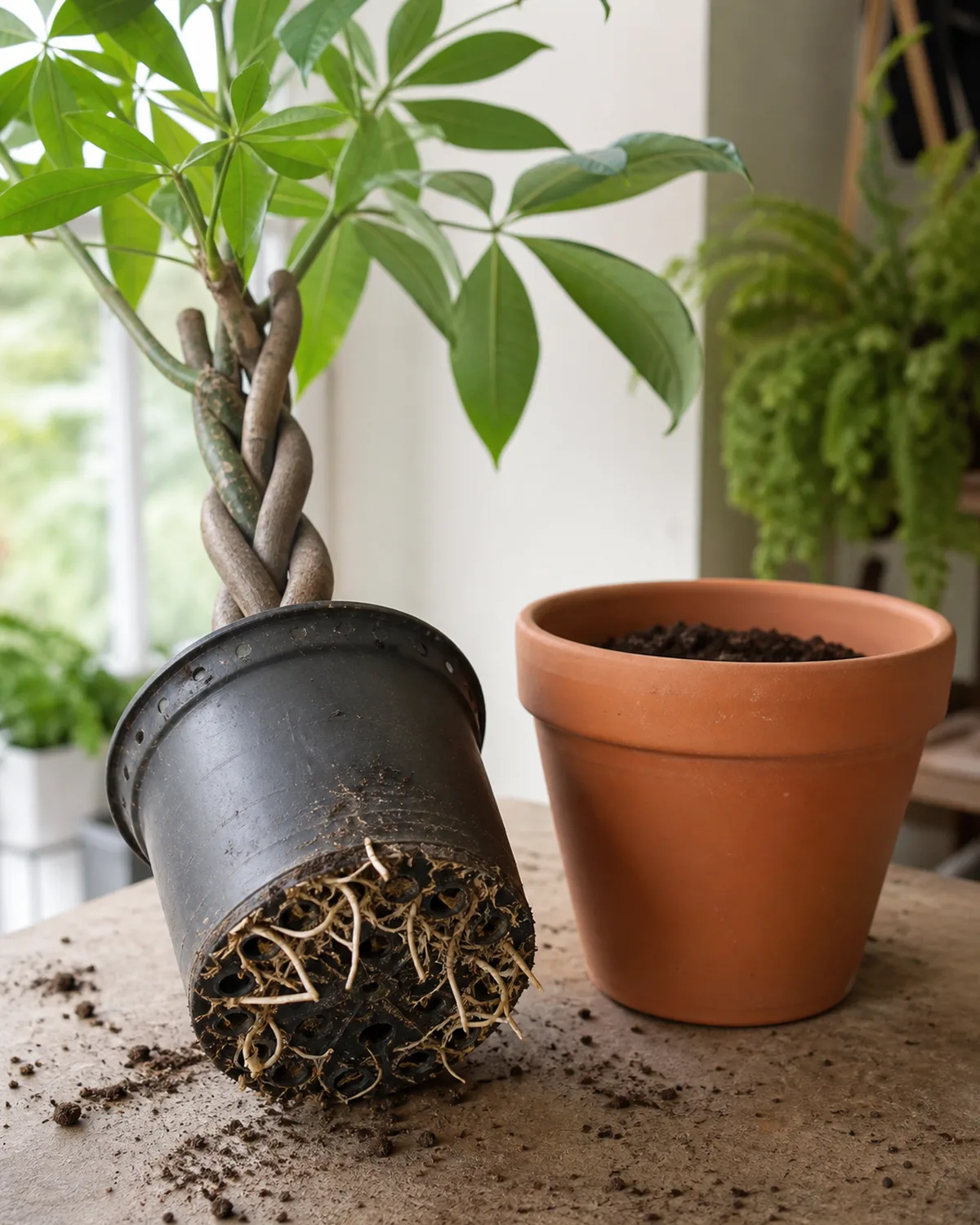 A money tree with roots visible through drainage holes of a pot slightly tilted to show the root-bound condition next to a new one-size-larger terracotta pot with fresh soil mix ready on a work surface in natural light