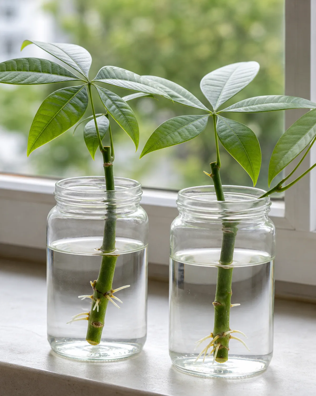 Two glass jars on a bright windowsill each containing a money tree stem cutting submerged in clear water with small white roots emerging from the nodes green palmate leaves above the water line and natural light illuminating the roots