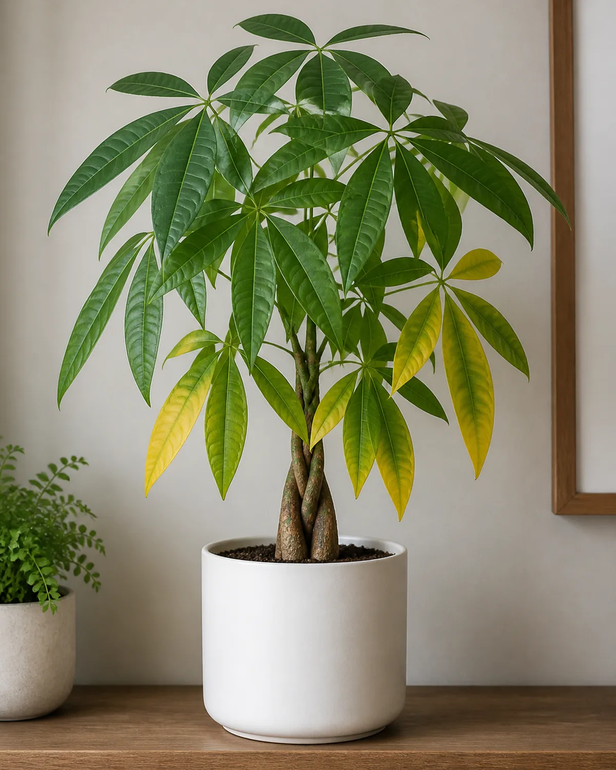 A money tree with several yellowing lower leaves against otherwise healthy green upper canopy in a white pot on a shelf the yellowing leaves showing the gradient from green at the tip to yellow at the base indicating a watering issue