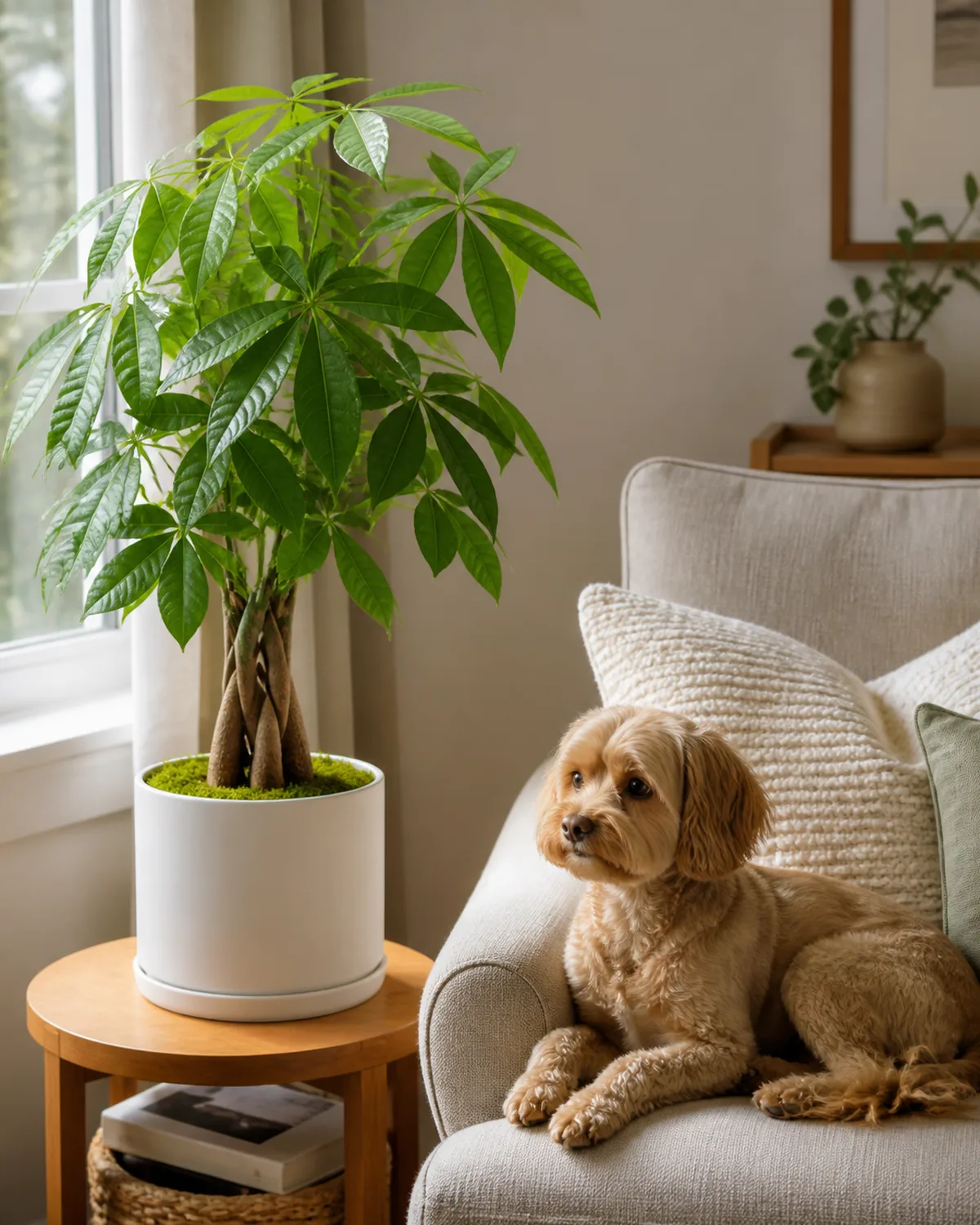 A money tree in a bright living room with a small dog sitting peacefully on a couch nearby the plant on a low side table within reach of the pet emphasizing the pet-safe nature of the plant warm natural light and cozy home setting