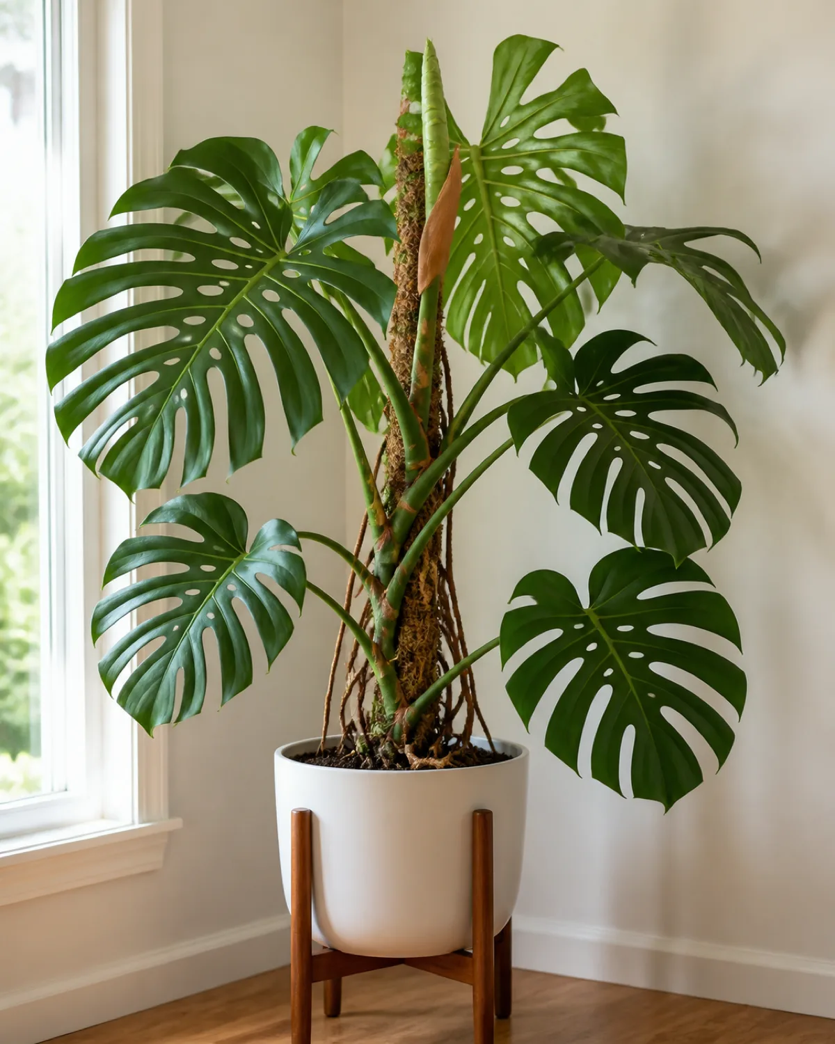 A mature monstera deliciosa in a white ceramic pot on a wooden plant stand showing large deeply fenestrated leaves with splits reaching the midrib one leaf unfurling from a cataphyll sheath thick aerial roots gripping a moss pole bright indirect light