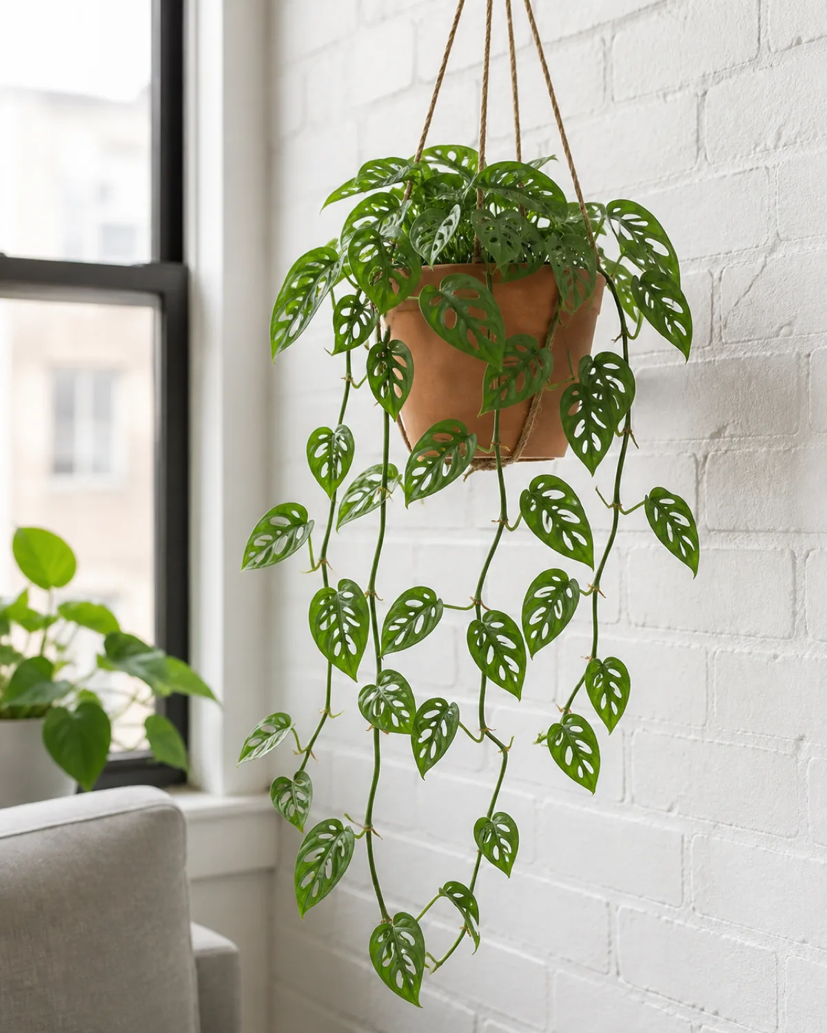 A monstera adansonii trailing from a hanging terracotta pot showing multiple heart-shaped leaves with characteristic oval holes that do not reach the leaf edges thin vining stems cascading down in a modern apartment with a white brick wall
