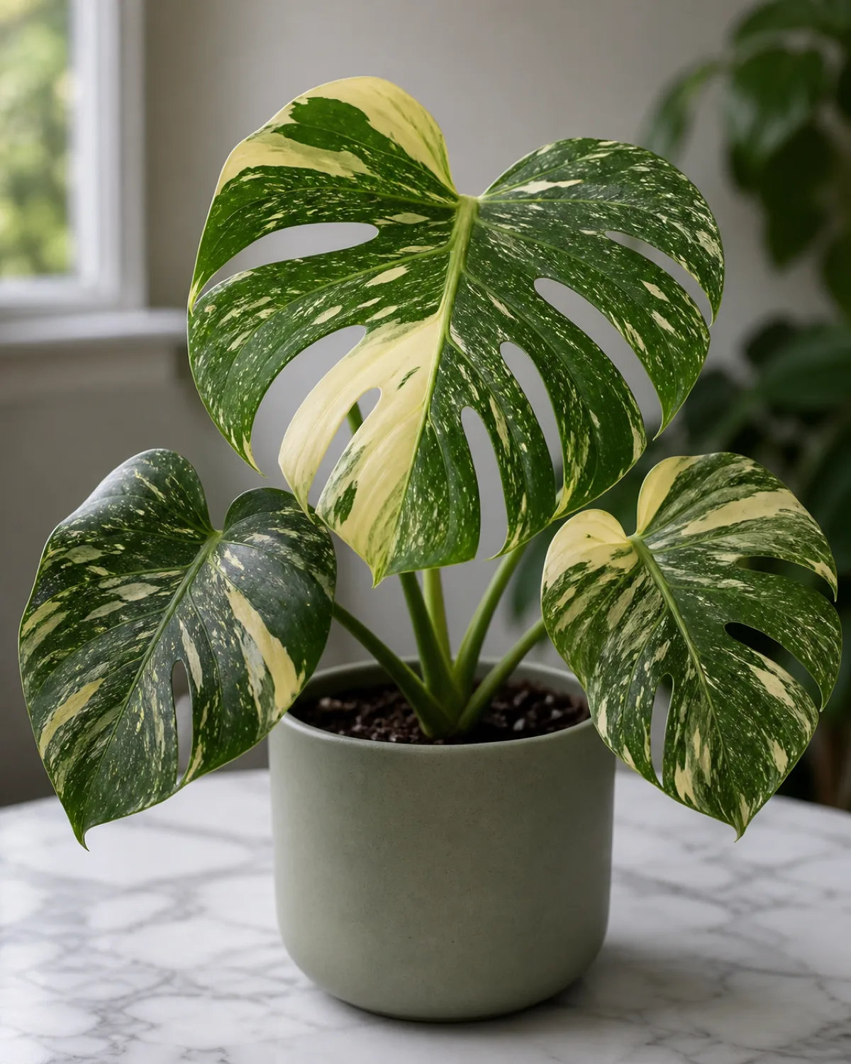 A monstera Thai Constellation showing large leaves with dramatic cream and yellow variegation splashes and speckles against deep green thick petioles in a matte sage green ceramic pot on a marble surface with soft diffused natural light