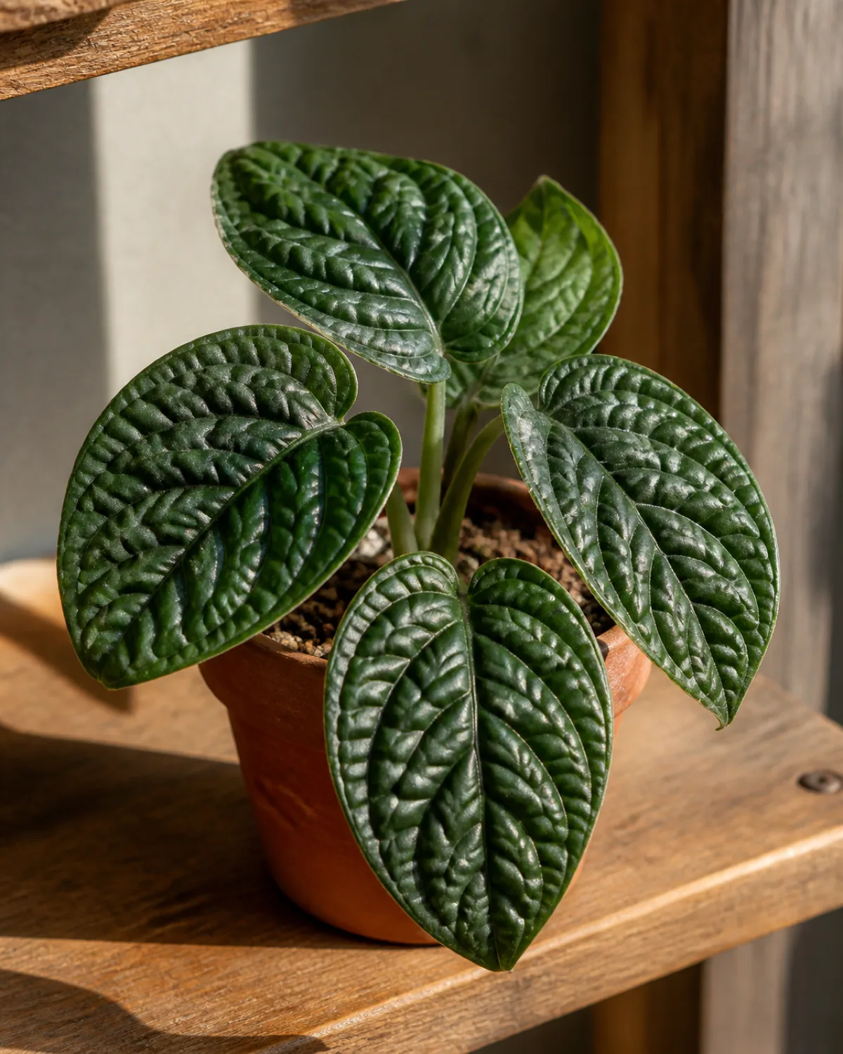 A monstera peru karstenianum showing its distinctive thick deeply puckered bullate leaf texture dark green leaves with a rippled quilted appearance in a small terracotta pot on a wooden shelf with warm natural side lighting