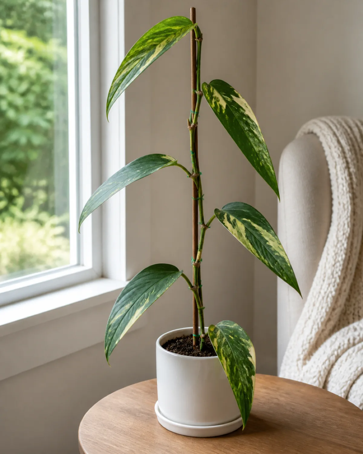 A monstera standleyana climbing a thin wooden support stake showing elongated lance-shaped leaves with cream and yellow variegation streaks against dark green no fenestrations in a white ceramic pot on a side table near a window