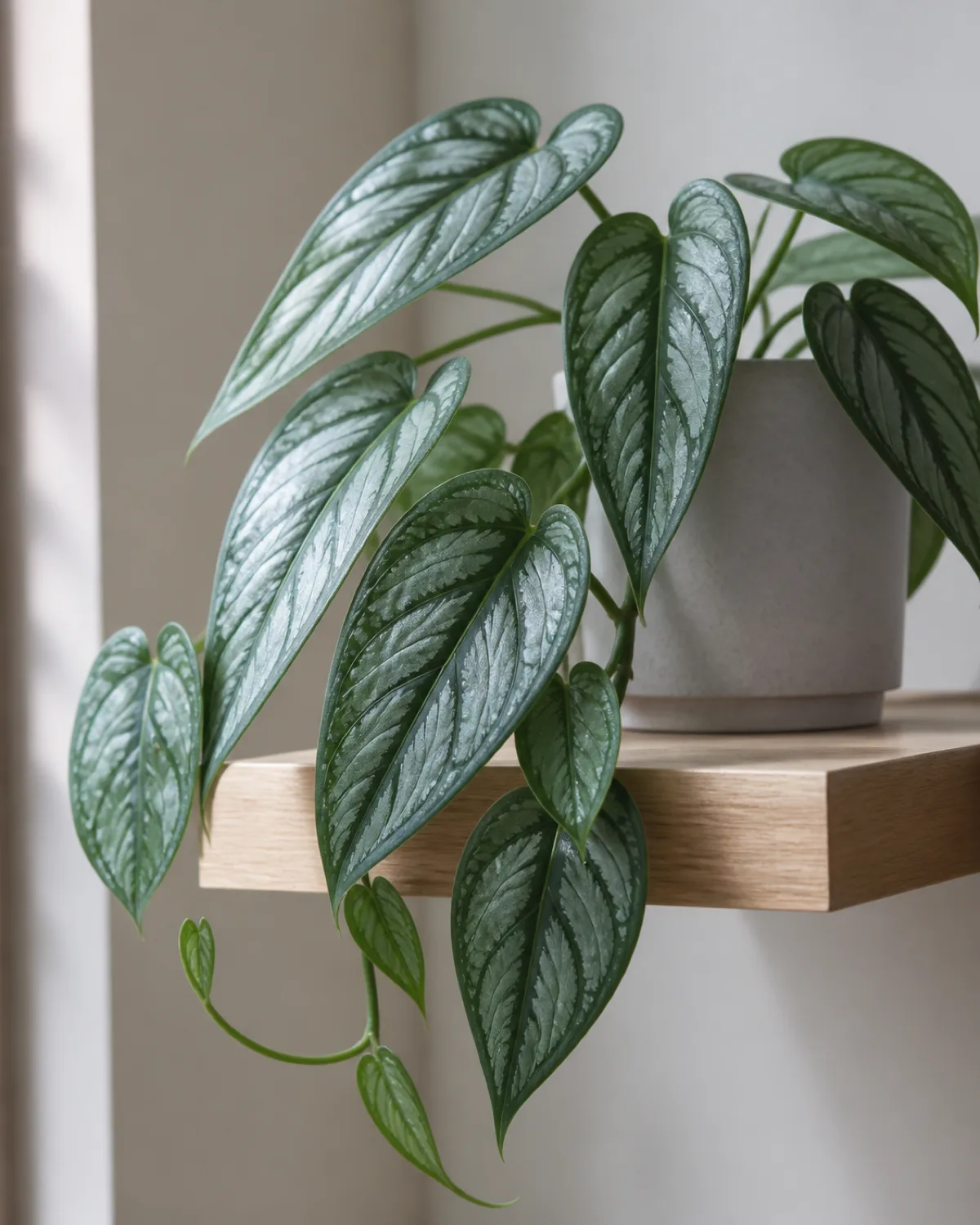 A monstera siltepecana showing juvenile foliage with striking silvery-blue overlay pattern on dark green leaves elongated heart-shaped with prominent dark veins trailing from a light gray pot on a floating shelf with soft natural light