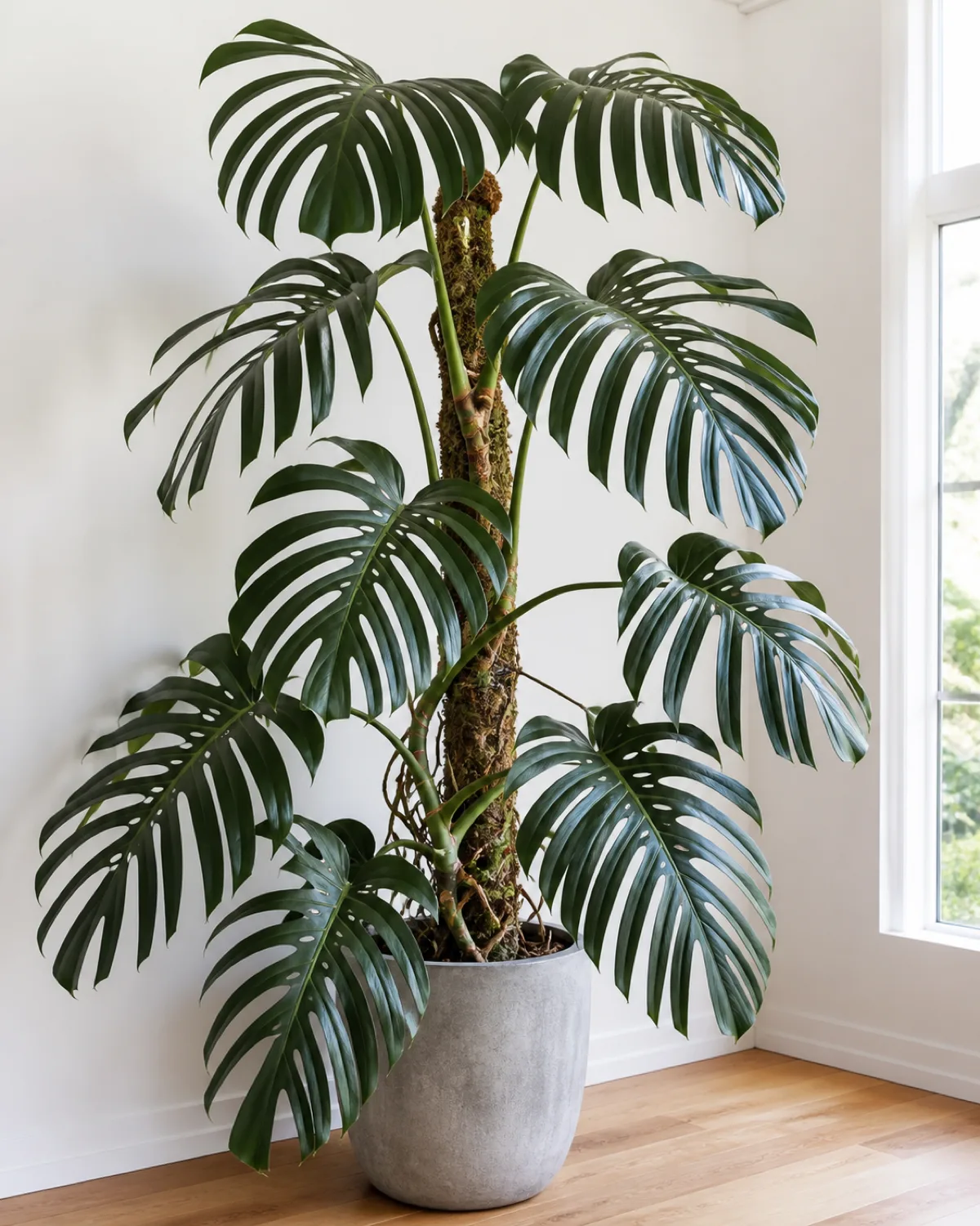 A monstera pinnatipartita on a sturdy moss pole showing mature leaves with deep pinnate splits separating into individual leaflets like a palm frond dark green glossy foliage in a large concrete pot on a wooden floor in a bright room