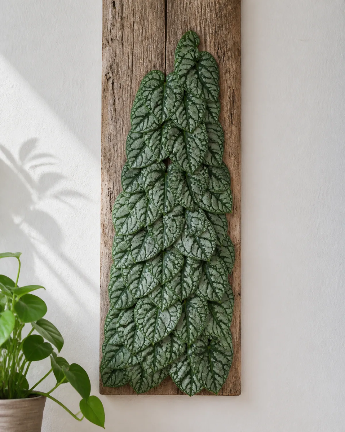 A monstera dubia shingling flat against a wooden board mount showing small heart-shaped juvenile leaves with silvery-green coloring and dark vein patterns pressed flat against the wood in an overlapping shingle pattern mounted vertically on a bright wall