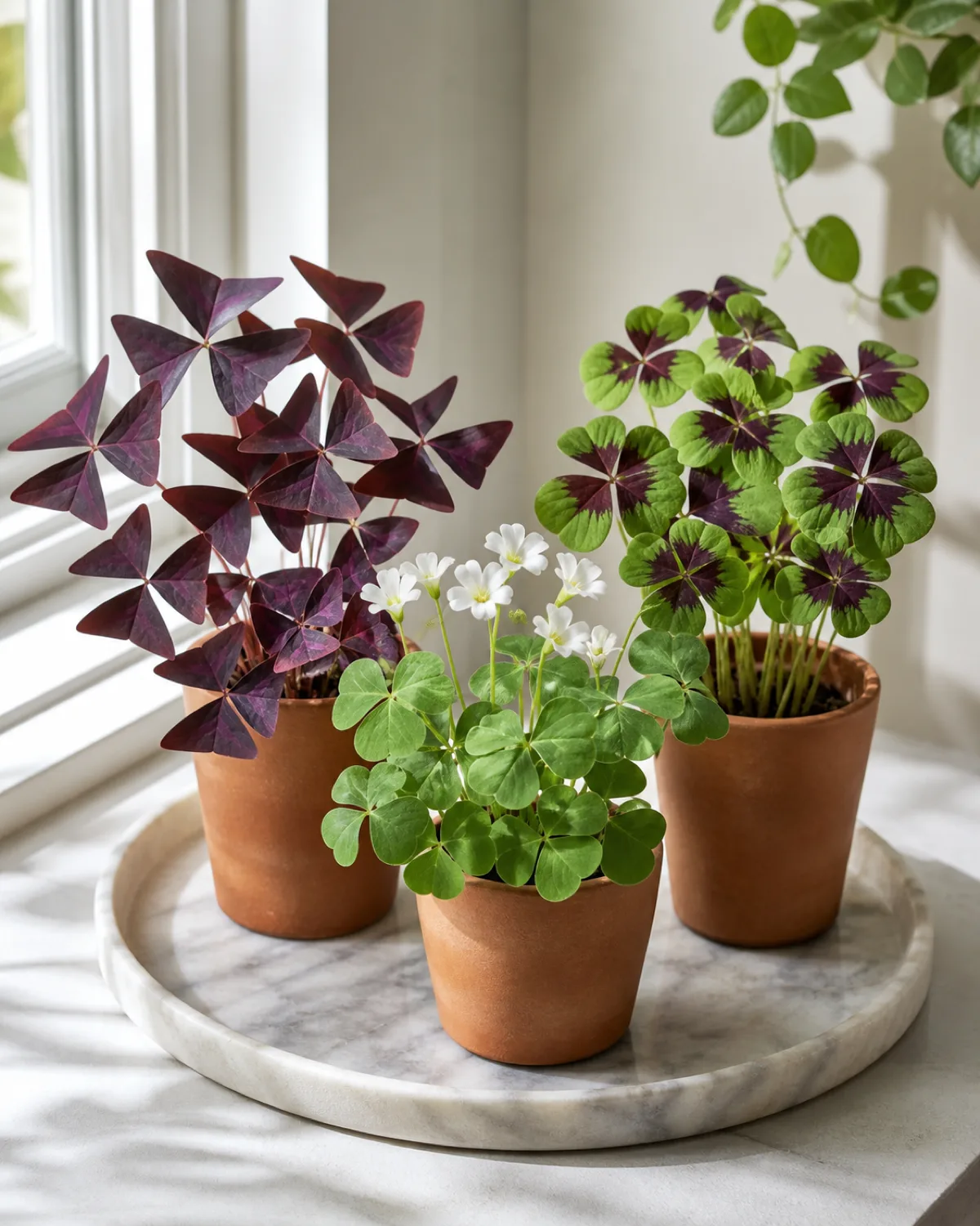 Three different oxalis varieties arranged together showing deep purple triangularis with triangular leaflets green regnellii with rounded trifoliate leaves and delicate white flowers and Iron Cross tetraphylla with four leaflets marked by a dark central cross pattern each in small terracotta pots on a marble tray