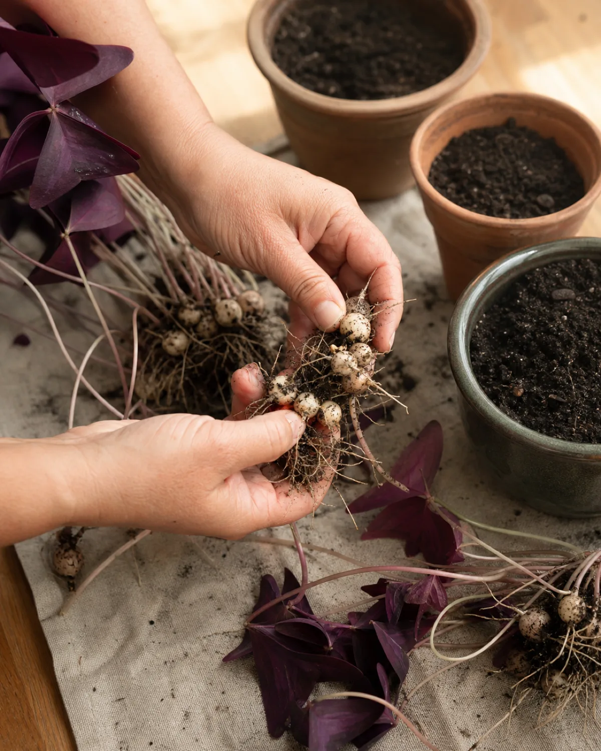 Hands carefully separating oxalis bulb clusters on a potting mat showing multiple small round corms being divided from a larger clump with roots visible and two or three small pots with fresh soil waiting to receive the divisions with a few purple leaves still attached
