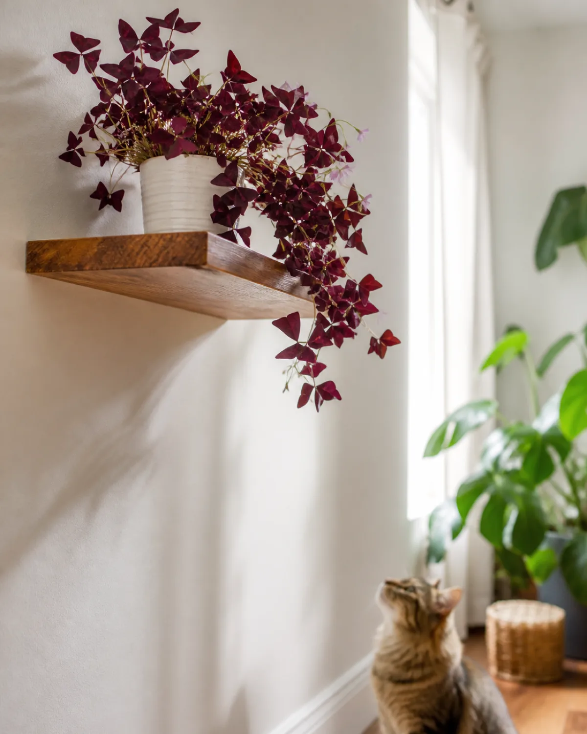 An oxalis triangularis displayed on a high floating shelf well out of reach with deep purple trifoliate leaves cascading slightly over the edge of a white ceramic pot and a cat visible in soft focus in the background on the floor below