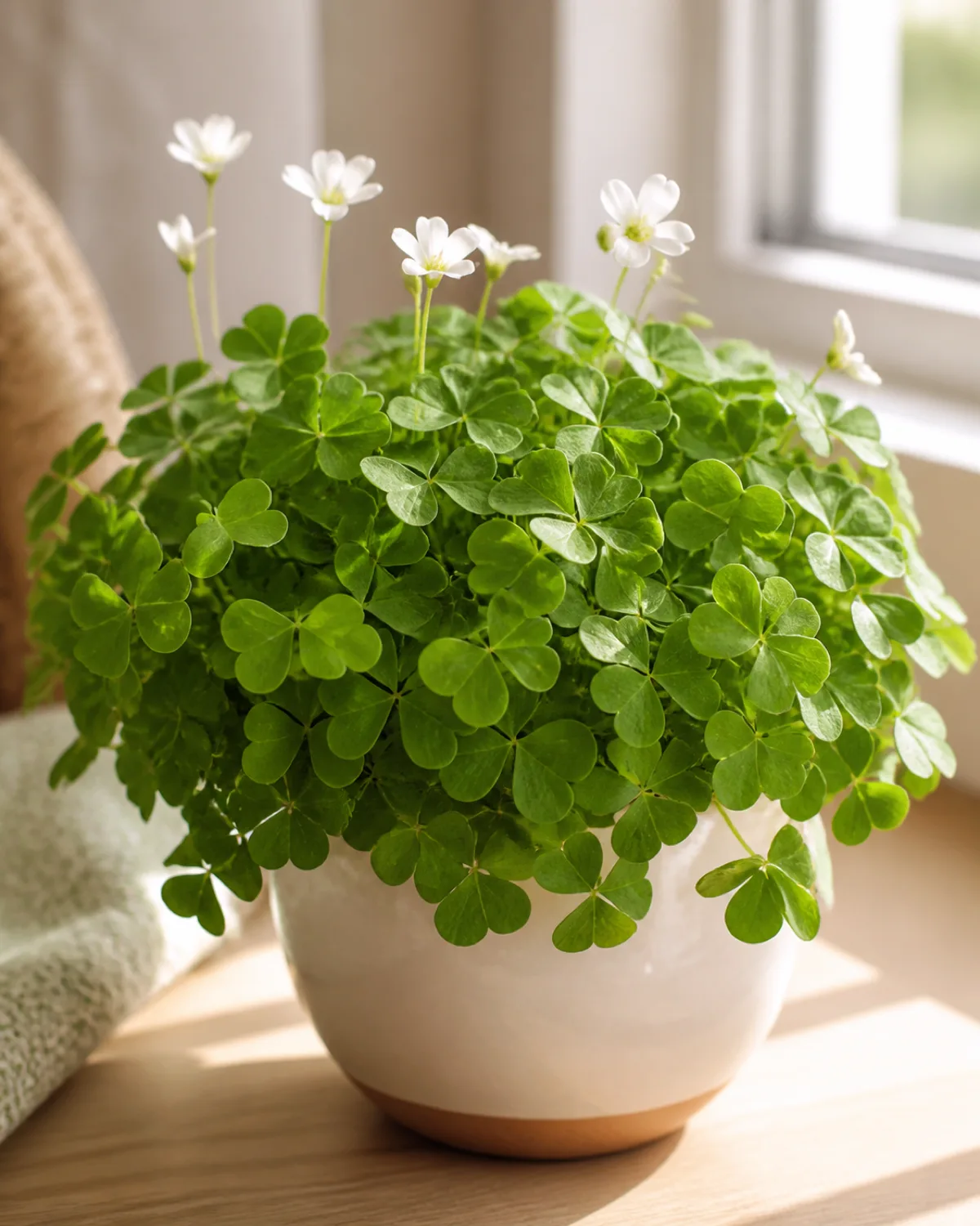A green oxalis regnellii in a tasteful small pot with lush clover-like trifoliate green leaves forming a dense mound and a few delicate white flowers rising above the foliage sitting on a light wooden surface near a bright window looking healthy and established