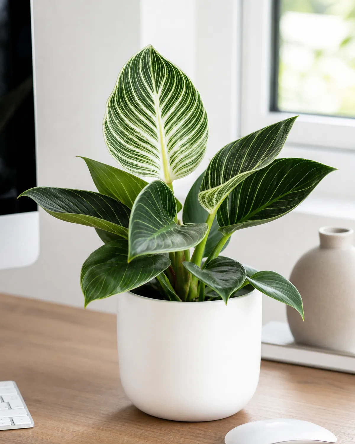 A Birkin philodendron on a modern desk showing compact self-heading growth with dark green leaves featuring crisp white pinstripe variegation radiating from the midrib