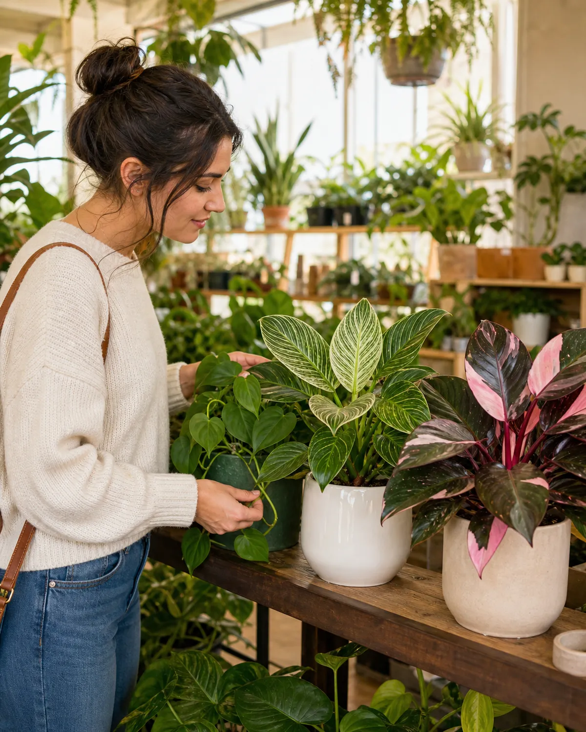 A person in a bright plant nursery standing before a display of different philodendron varieties at different price points examining the leaves thoughtfully
