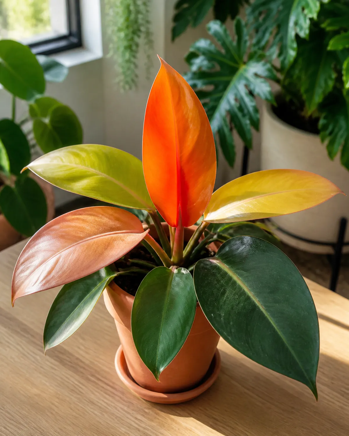 A Prince of Orange philodendron showing the color gradient with the newest leaf emerging bright orange-copper and surrounding leaves in stages from peach to yellow-green to dark green