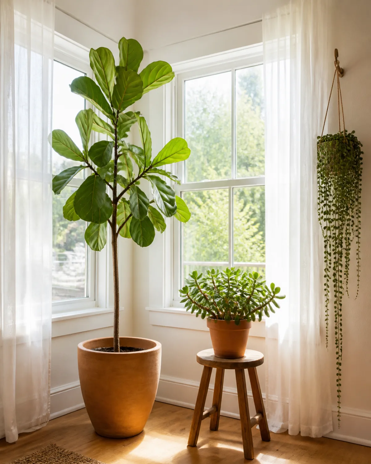 A bright corner where two large windows meet flooding the space with natural light with a tall fiddle-leaf fig a jade plant on a wooden stool and string of pearls trailing from a wall hook near the window frame white sheer curtains and warm wood floor