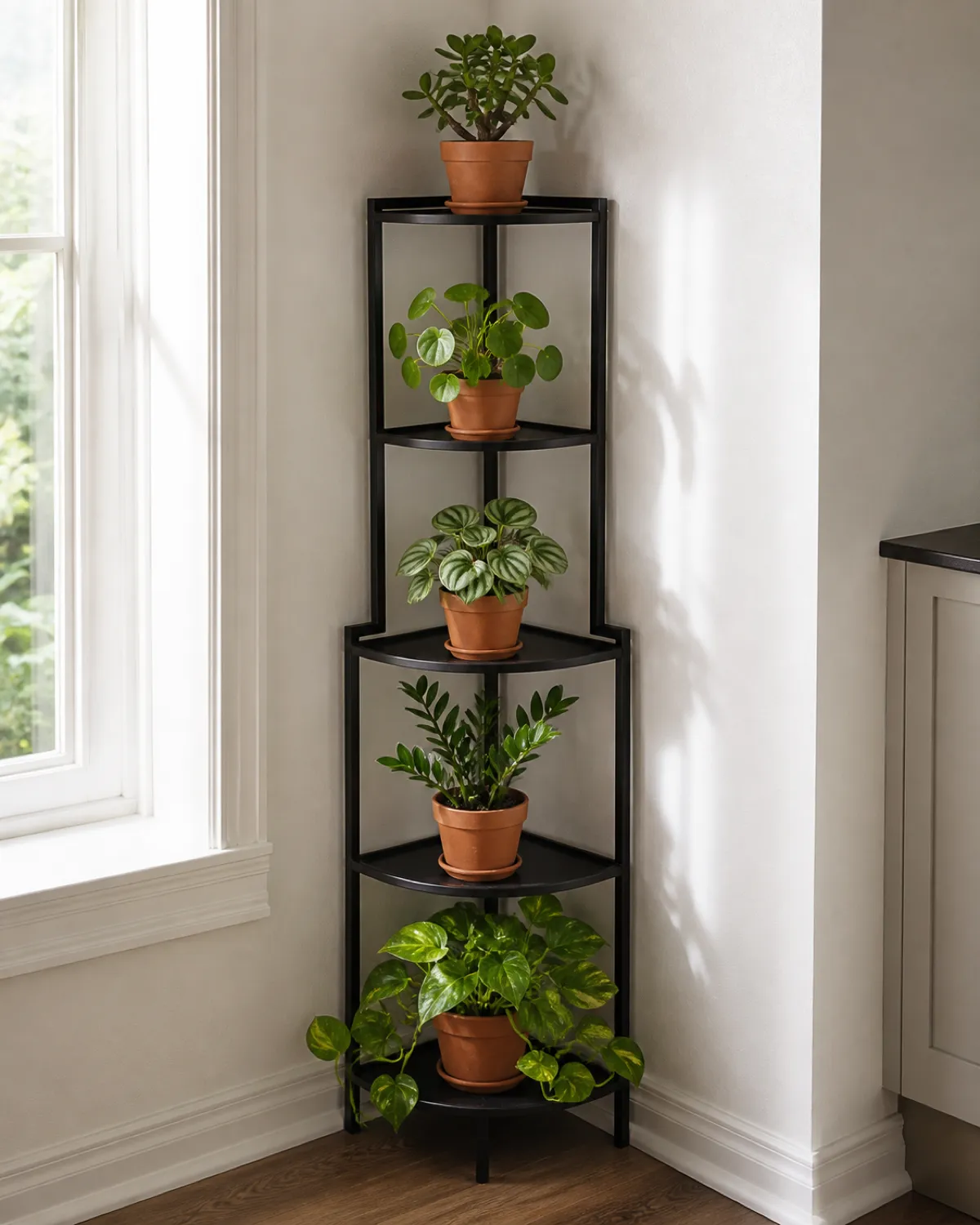 A five-tier black metal corner plant stand tucked into a bright corner where two cream walls meet each tier holding a different plant in coordinated terracotta pots top tier has a jade plant middle tiers have pilea and peperomia bottom tiers have ZZ plant and trailing pothos warm cascading light