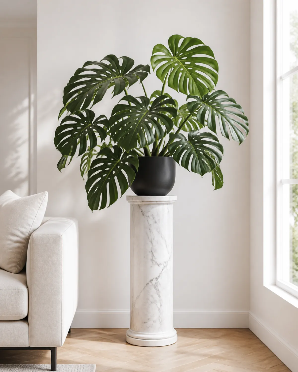 A tall white marble-look pedestal column stand approximately 30 inches high supporting a dramatic monstera deliciosa in a matte black pot the large fenestrated leaves spreading outward creating a sculptural focal point in a minimalist bright living room corner soft natural window light