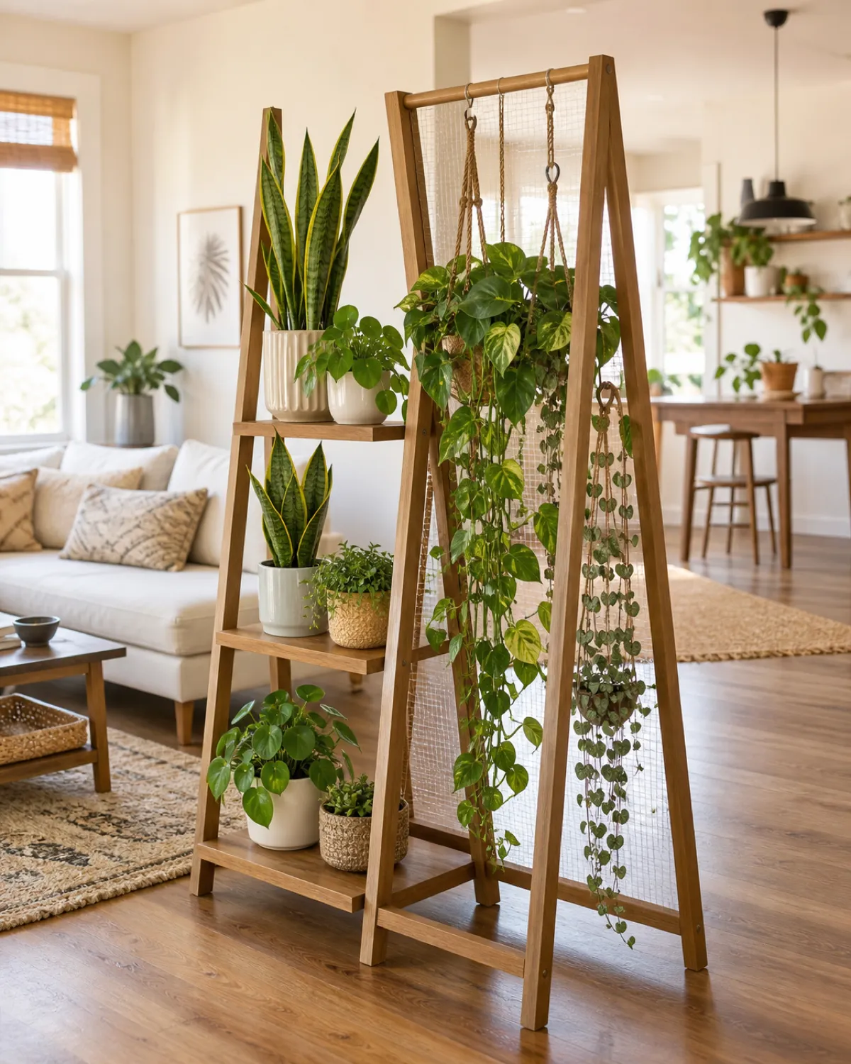 A wooden A-frame double-sided plant display stand used as a room divider in an open-plan living space one side featuring trailing pothos and string of hearts the other side showing upright snake plants and pilea bright airy contemporary bohemian interior