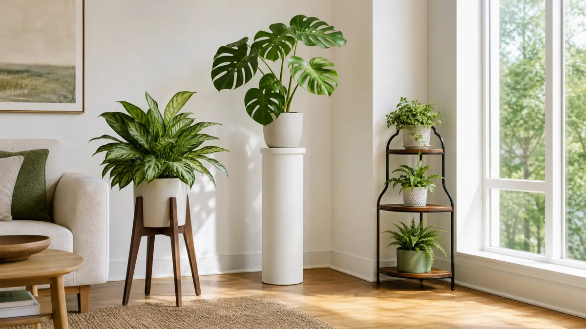 A bright modern living room with three different plant stands in harmonious arrangement including a mid-century walnut tripod stand holding a Chinese evergreen a tall white pedestal column with a monstera and a tiered corner stand with assorted small plants near a large window