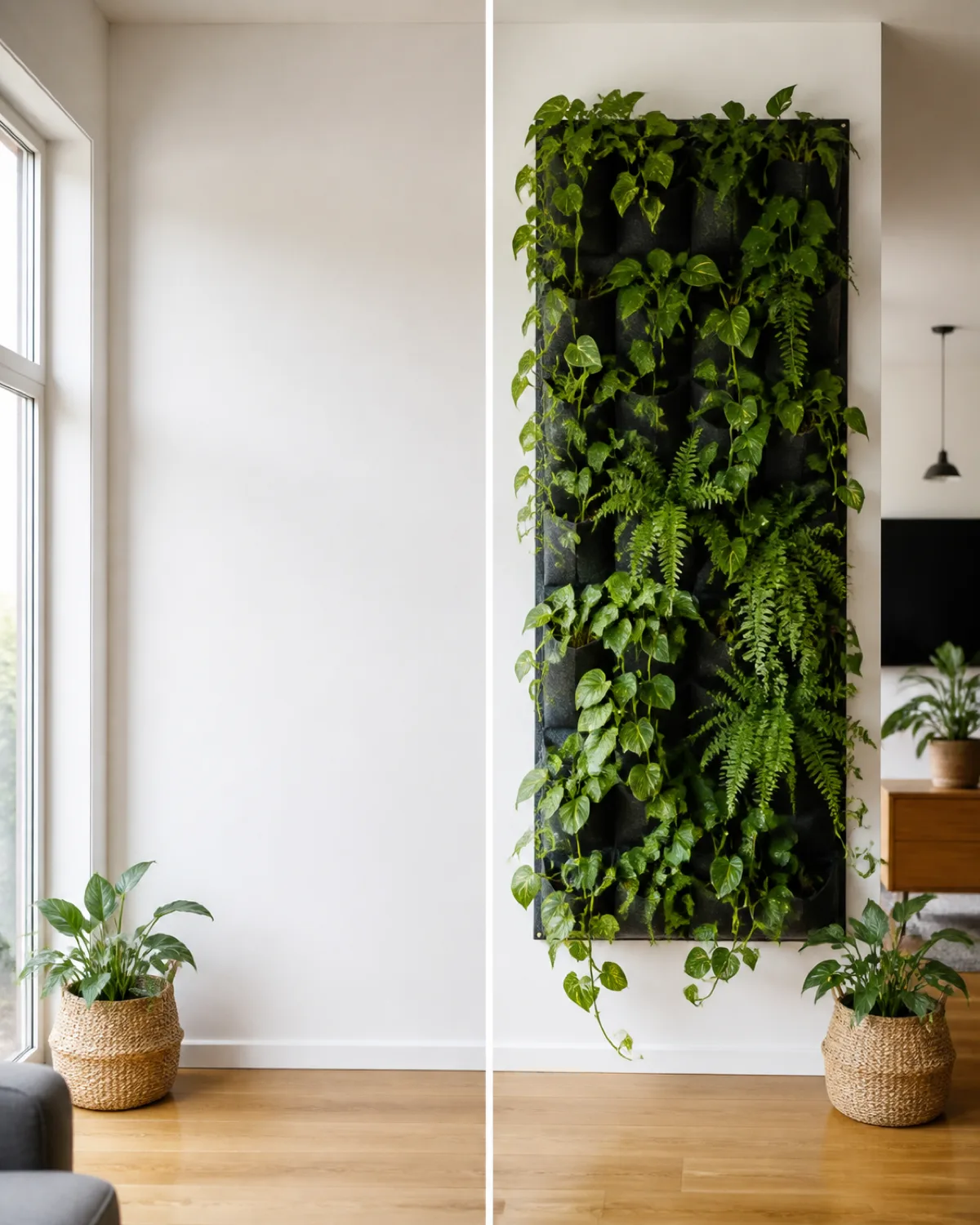 A dramatic vertical split showing a plain blank white wall on the left looking bare and sterile and the same wall on the right transformed with a lush vertical felt pocket planter filled with trailing pothos and ferns creating a living green accent wall bright natural window light modern living room