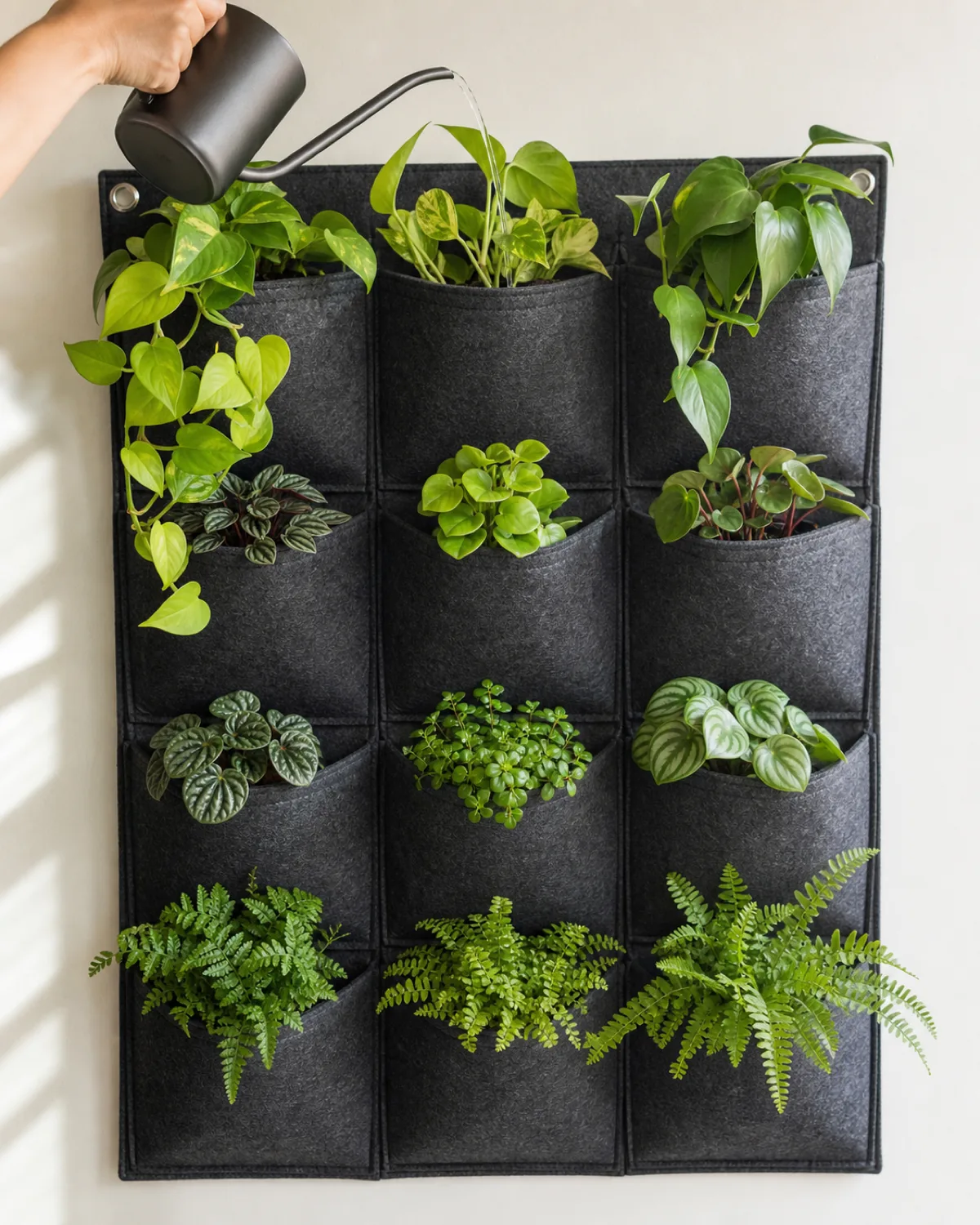 A close-up of a dark grey industrial felt vertical pocket planter mounted on a white wall about twelve pockets arranged in a grid each pocket containing a different small houseplant neon pothos trailing from upper pockets compact peperomia in middle row small ferns in lower pockets bright indirect natural light