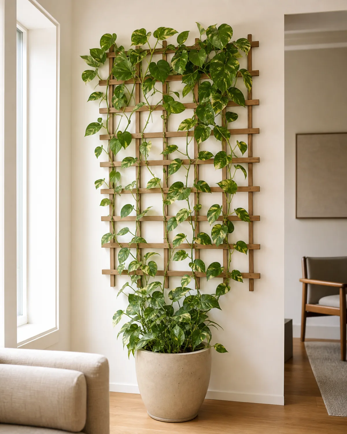 A wooden lattice trellis about three feet wide mounted flat against a white wall with a mature pothos climbing it from a large pot on the floor vines trained along the lattice grid with soft green plant ties visible at attachment points the pothos leaves progressively larger as they climb higher bright natural window light