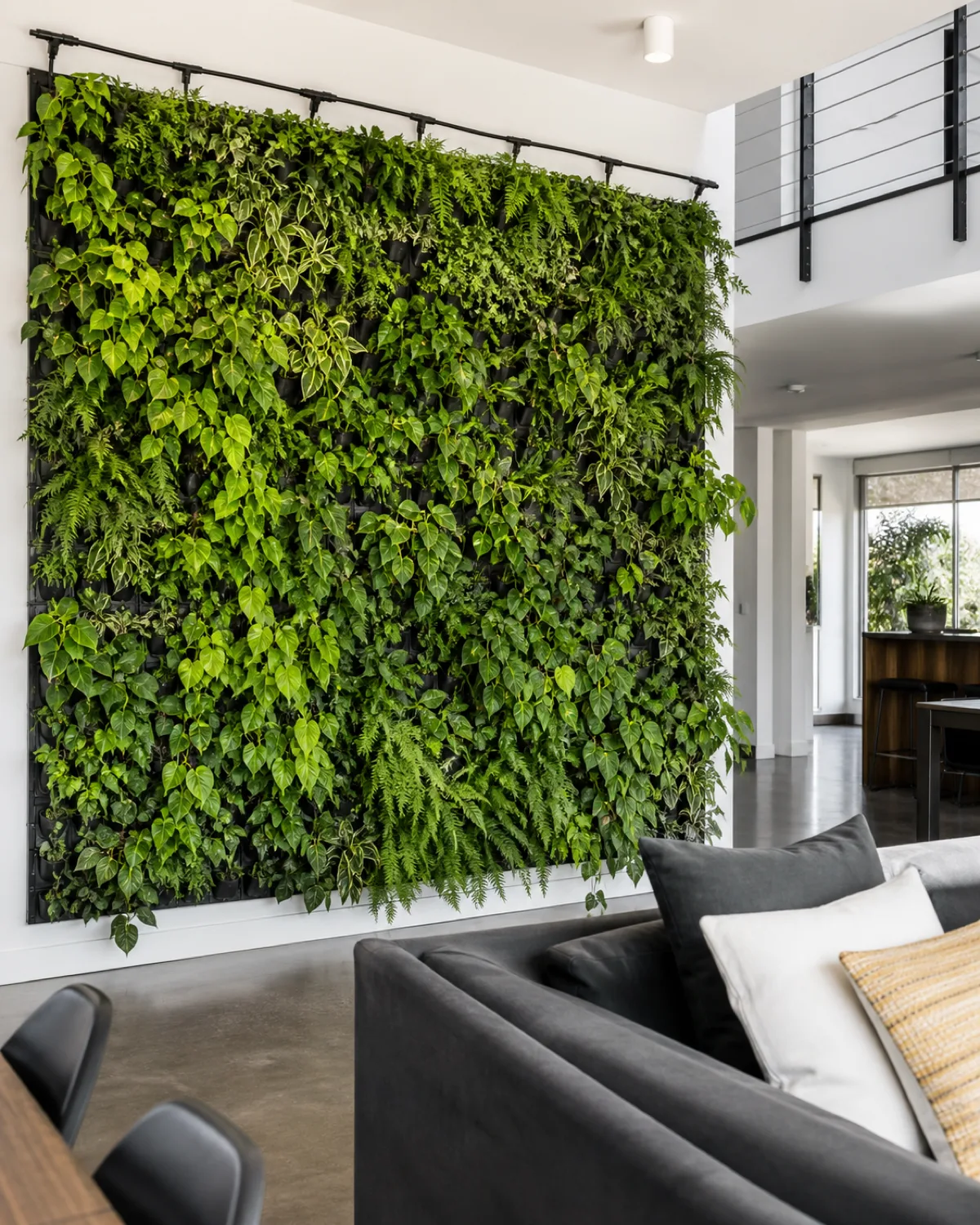 A large-scale commercial living wall panel system covering an entire accent wall in a bright open-plan living area dozens of small plants in modular plastic panel trays creating a continuous dense green surface a mix of ferns and trailing pothos and small philodendrons a thin drip irrigation tube visible at the top edge