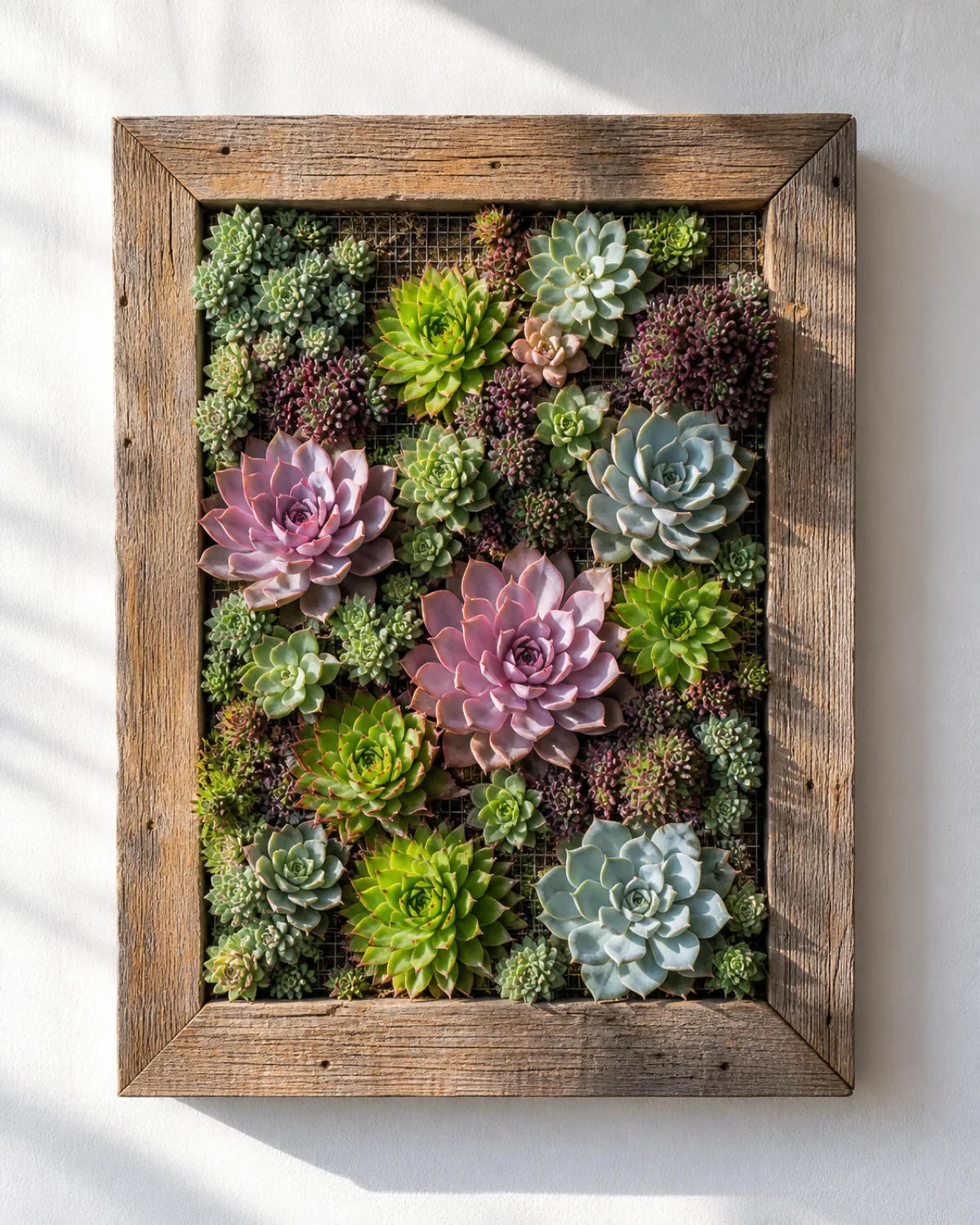 A rustic wooden picture frame about 12 by 16 inches mounted on a wall filled with a mosaic of colorful succulents pink echeveria rosettes green sempervivum purple sedum and silvery blue echeveria all growing from a bed of succulent soil behind hardware cloth mesh visible between the plants bright direct natural light