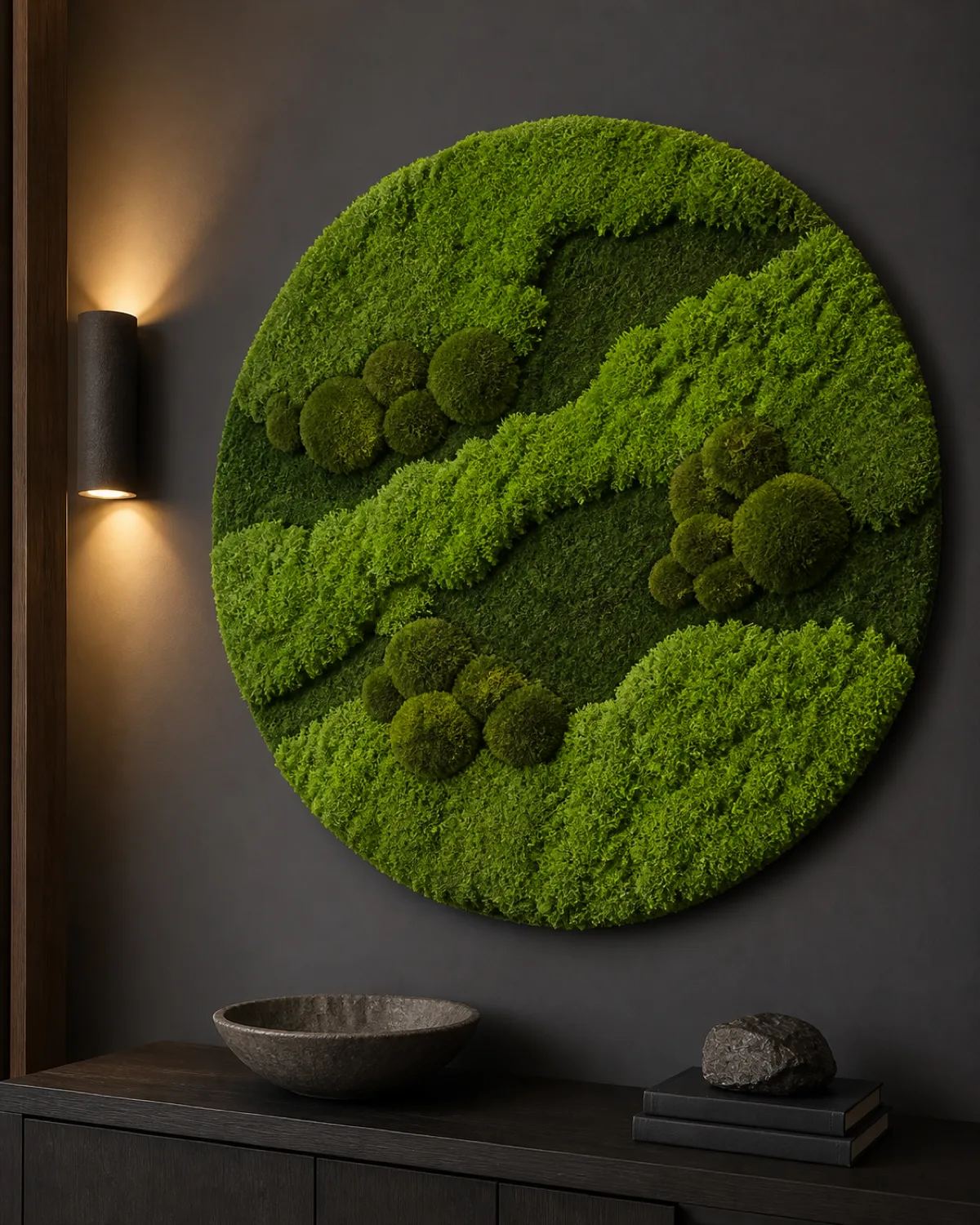 A large circular preserved moss art panel about 24 inches in diameter mounted on a dark grey accent wall the panel featuring a textured landscape of three moss types fluffy bright green reindeer moss forming rolling hills flat dark sheet moss as valleys and rounded mood moss mounds as peaks soft warm ambient lighting