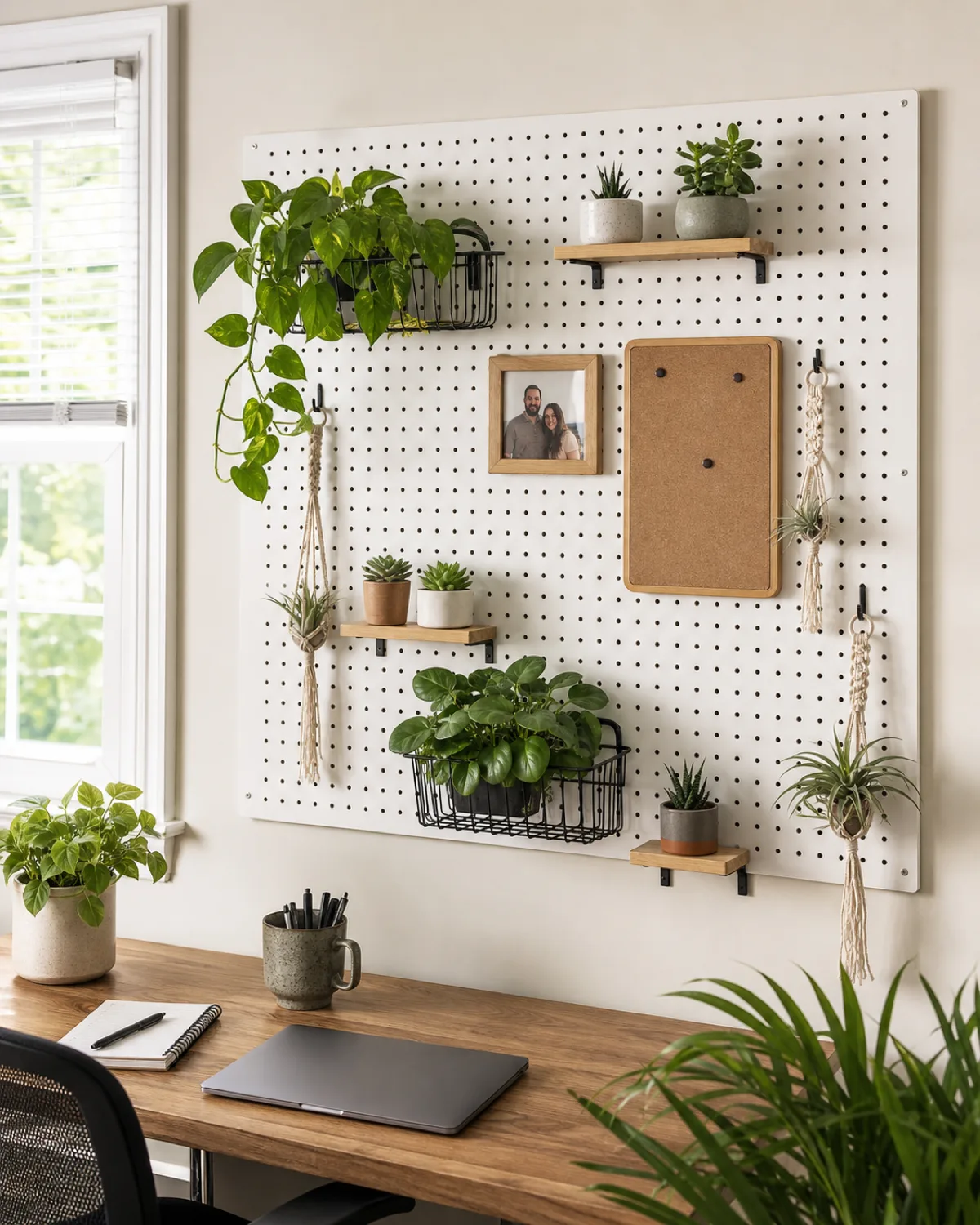 A large white pegboard about three by four feet mounted on a wall in a bright home office various pegboard accessories holding plants small metal baskets with pothos and peperomia tiny wooden shelves with succulents S-hooks with mini macrame hangers holding air plants interspersed with non-plant items like a small framed photo bright overhead and natural light