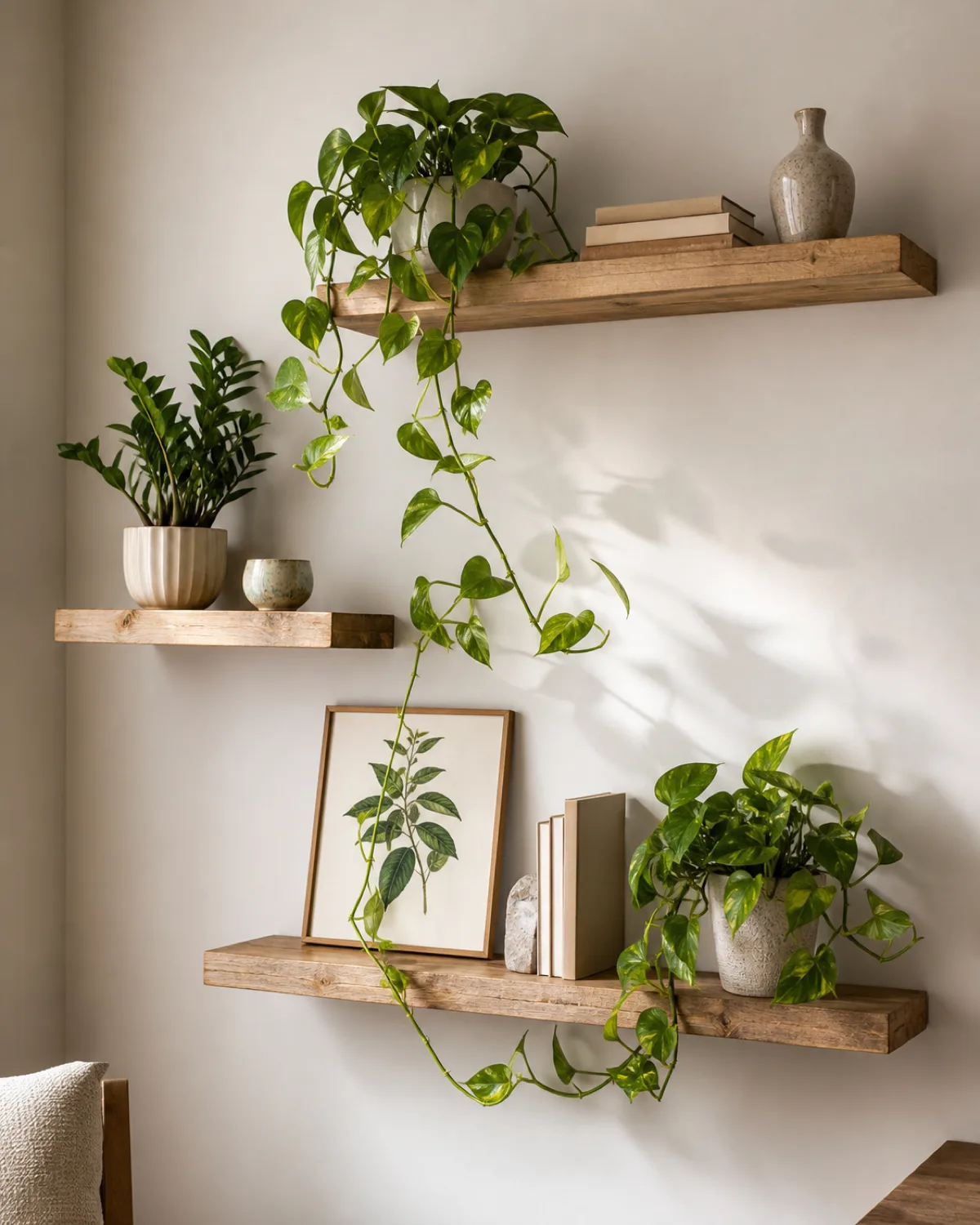 Three floating wooden shelves at staggered heights on a white wall creating a gallery wall effect each shelf styled with a mix of plants and objects trailing pothos cascading over shelf edges a compact ZZ plant small books a ceramic vase a framed botanical print the shelves at different lengths creating visual asymmetry warm natural side light