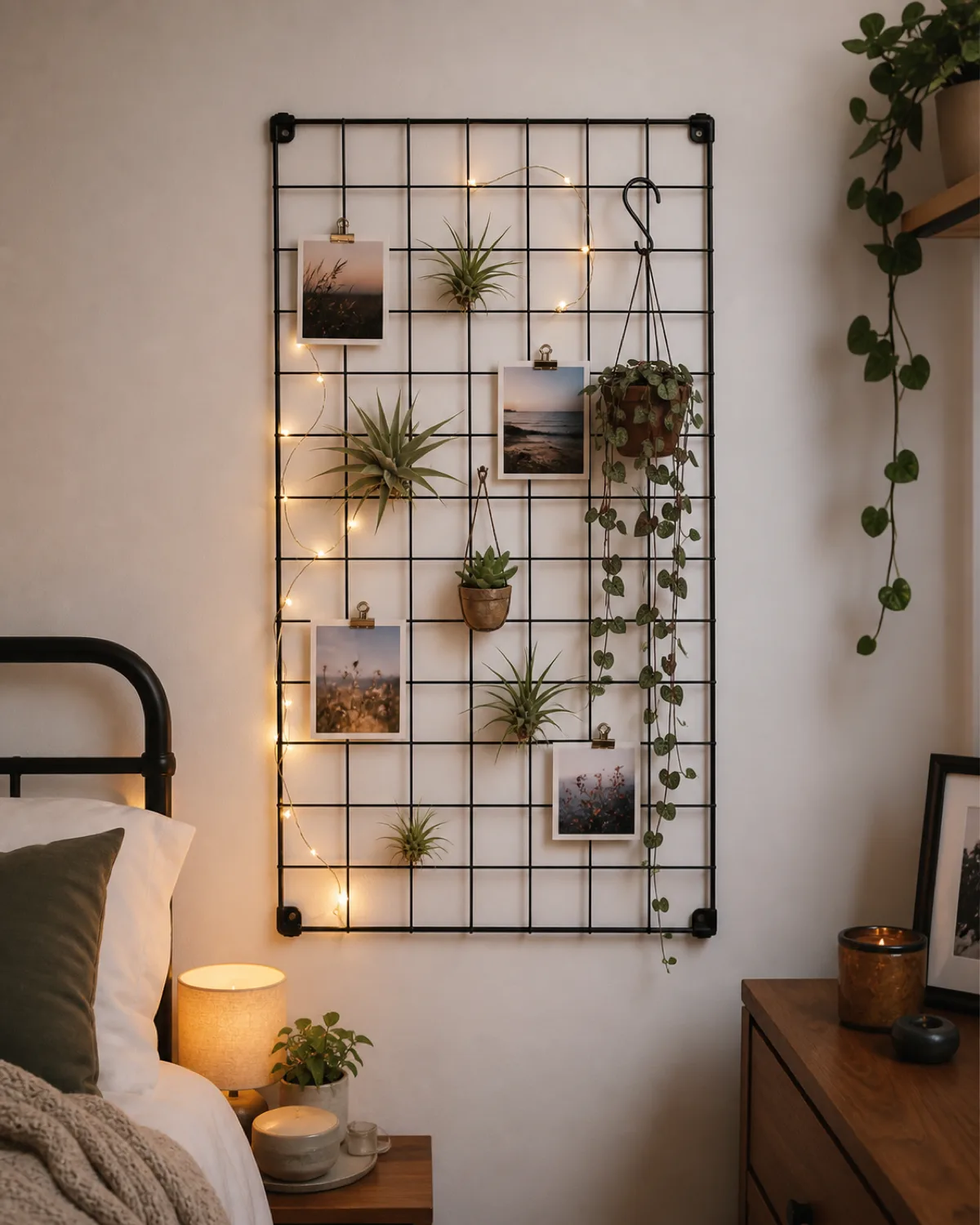 A black wire grid panel about two by three feet mounted on a white wall in a small bedroom small hanging baskets holding tiny plants air plants clipped directly to the grid wires a small succulent in a mini hanging pot a string of hearts trailing from a tiny pot attached with an S-hook mixed with personal items like photos and fairy lights