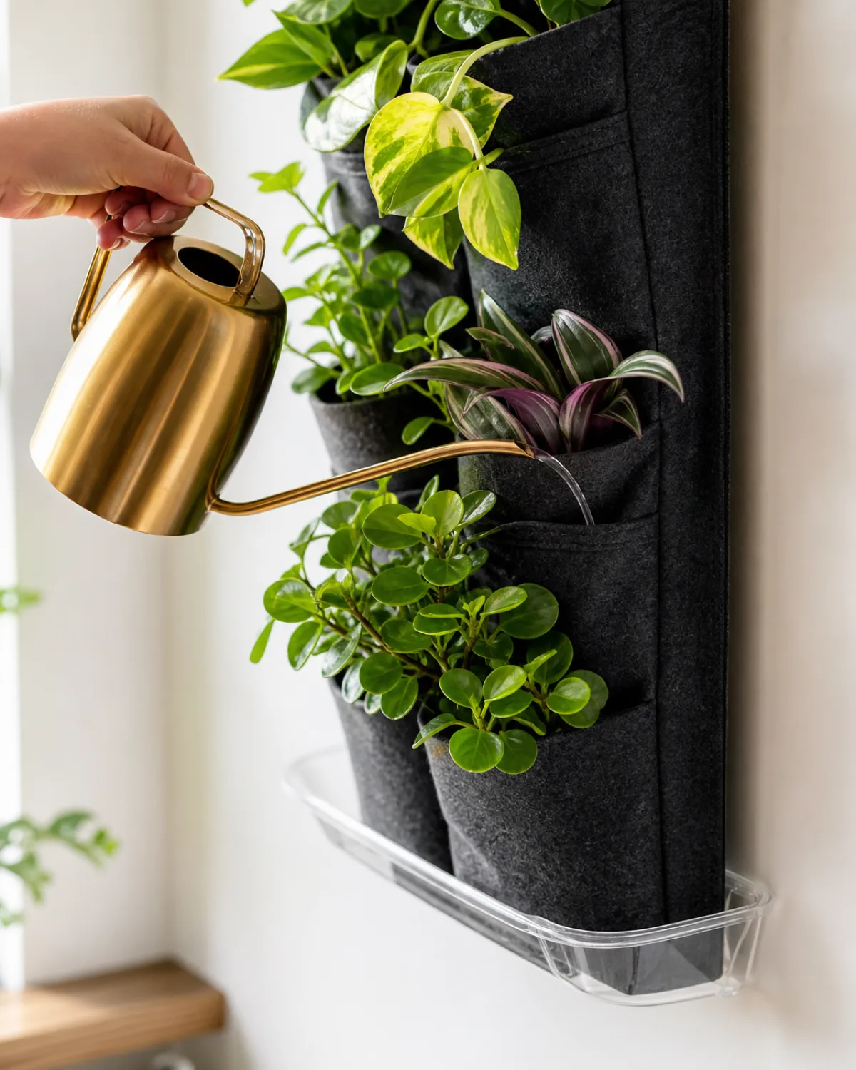 A close-up of someone using a narrow long-spout watering can to carefully water a plant in a felt pocket planter on a wall the water stream precise and controlled going directly into the pocket a clear plastic drip tray visible at the bottom of the pocket planter system catching excess water the white wall behind clean and dry bright natural light