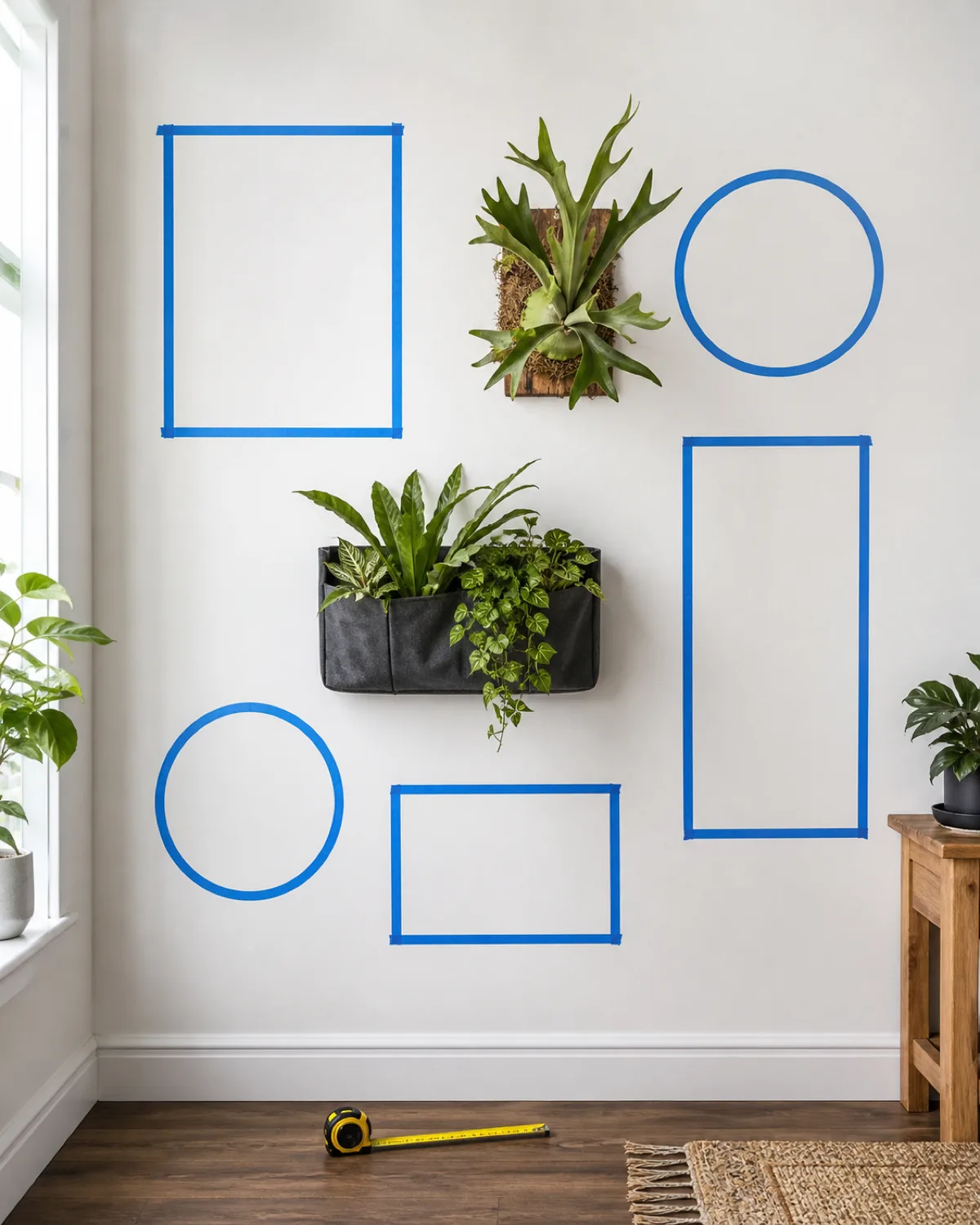 A white wall with blue painter's tape arranged in an asymmetrical gallery layout showing planned positions for five different plant wall elements rectangles and circles of different sizes creating a balanced asymmetrical composition a measuring tape nearby one felt pocket planter and one mounted staghorn already installed bright even lighting