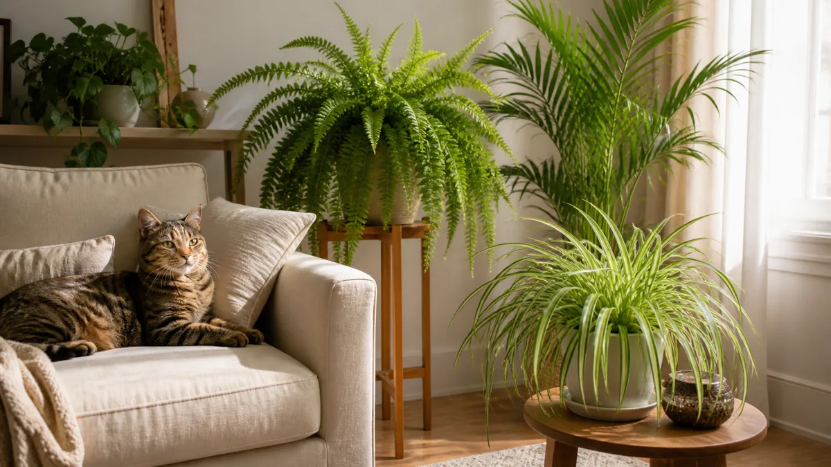A bright living room with a relaxed tabby cat sitting on a cream sofa beside several lush houseplants including a spider plant a Boston fern and an areca palm with warm natural light streaming through sheer curtains