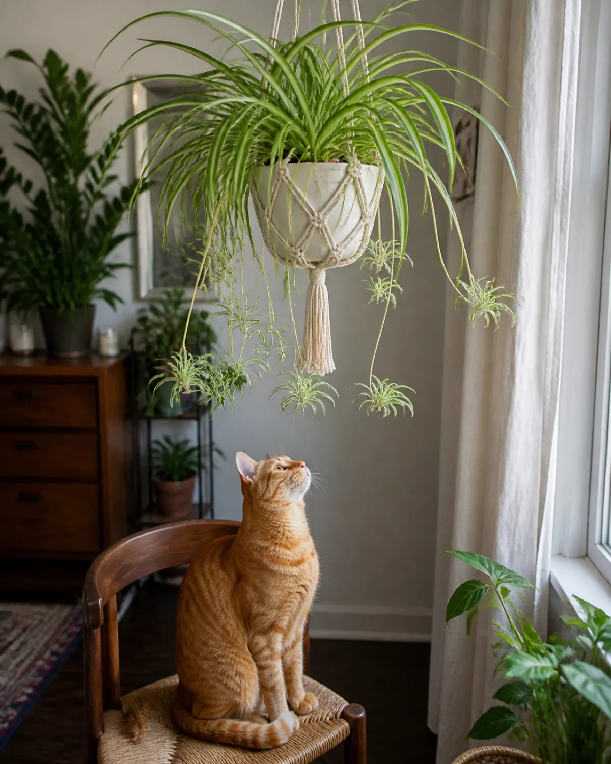A spider plant in a white macrame hanging planter with long arching green and white striped leaves and baby plantlets dangling down with an orange tabby cat sitting on a chair below looking up at the dangling plantlets with curious interest in bright indirect light