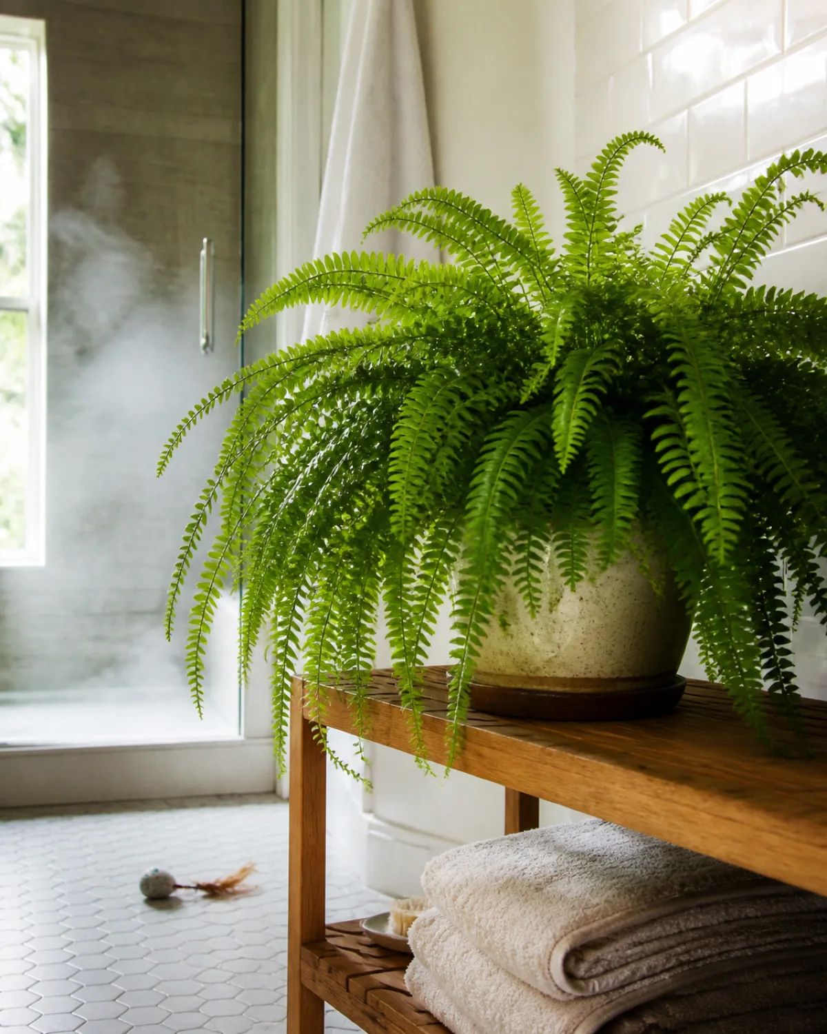 A lush Boston fern with dense cascading green fronds in a ceramic pot on a wooden shelf in a bright bathroom with subtle steam in the background and a cat toy visible on the floor nearby with clean white tile background