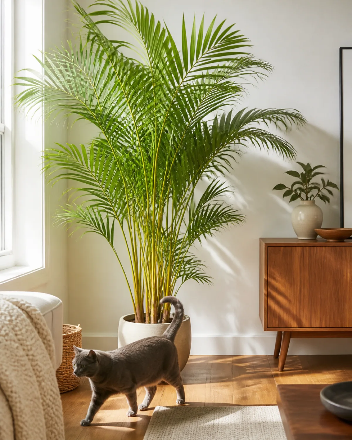 A tall areca palm with feathery golden-green fronds creating a natural screen in a bright living room corner with a gray cat walking past the base its tail brushing a lower frond in warm natural light and minimalist modern interior