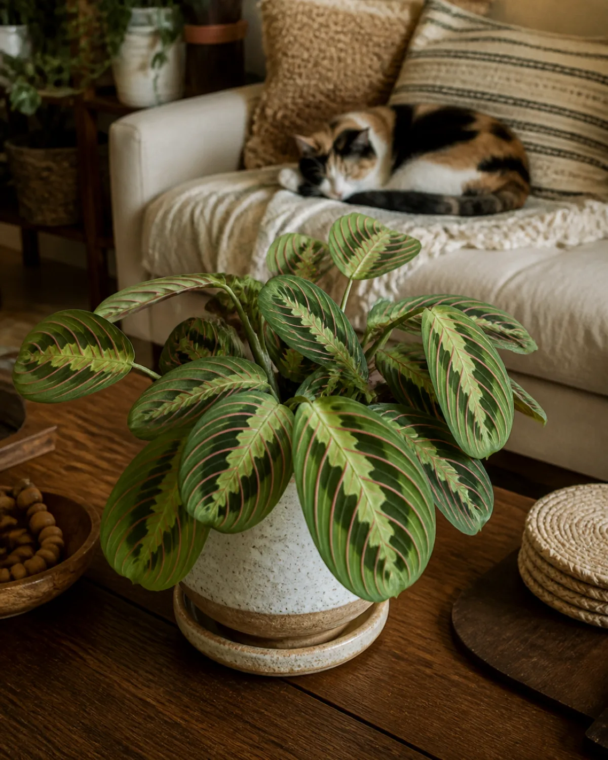 A prayer plant Maranta leuconeura with distinctive herringbone red-veined leaves on a low wooden coffee table with leaves in daytime flat position and a calico cat napping on the couch in the soft background in warm indirect light