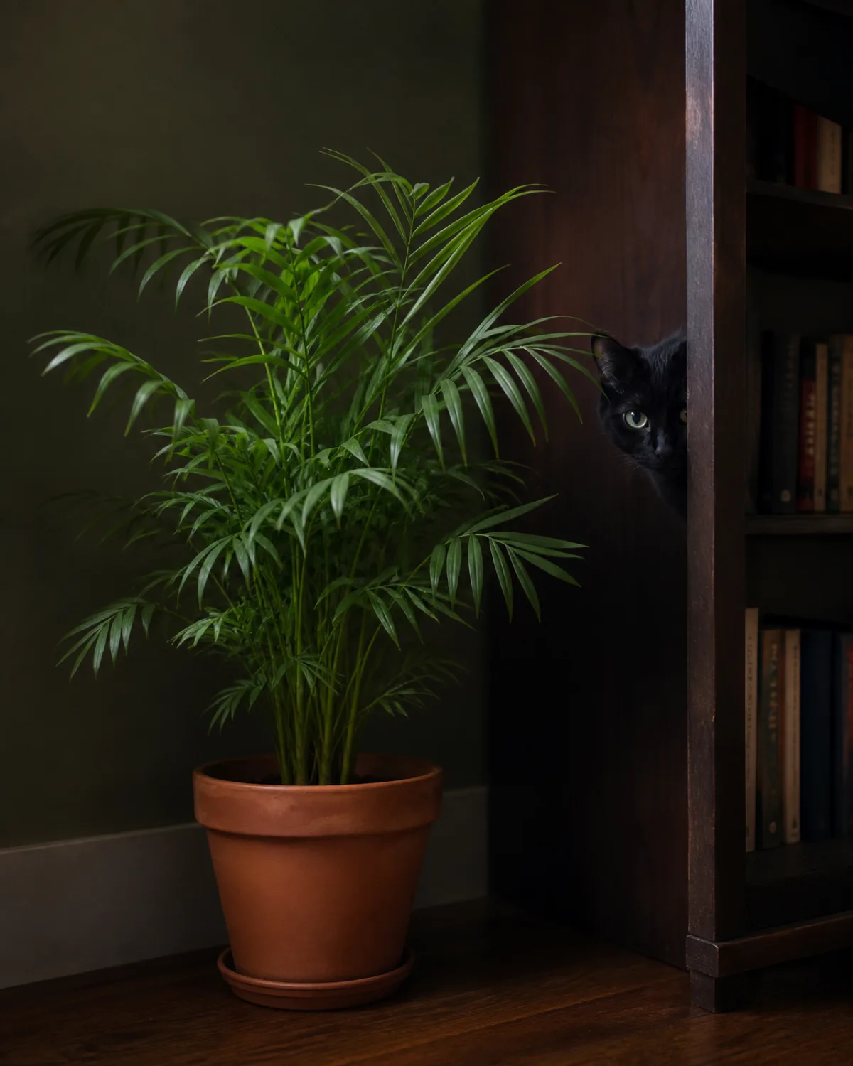 A parlor palm with delicate feathery fronds in a terracotta pot on the floor beside a bookshelf in a dark corner with a black cat partially visible peeking from behind the bookshelf with glowing eyes in moody low ambient light