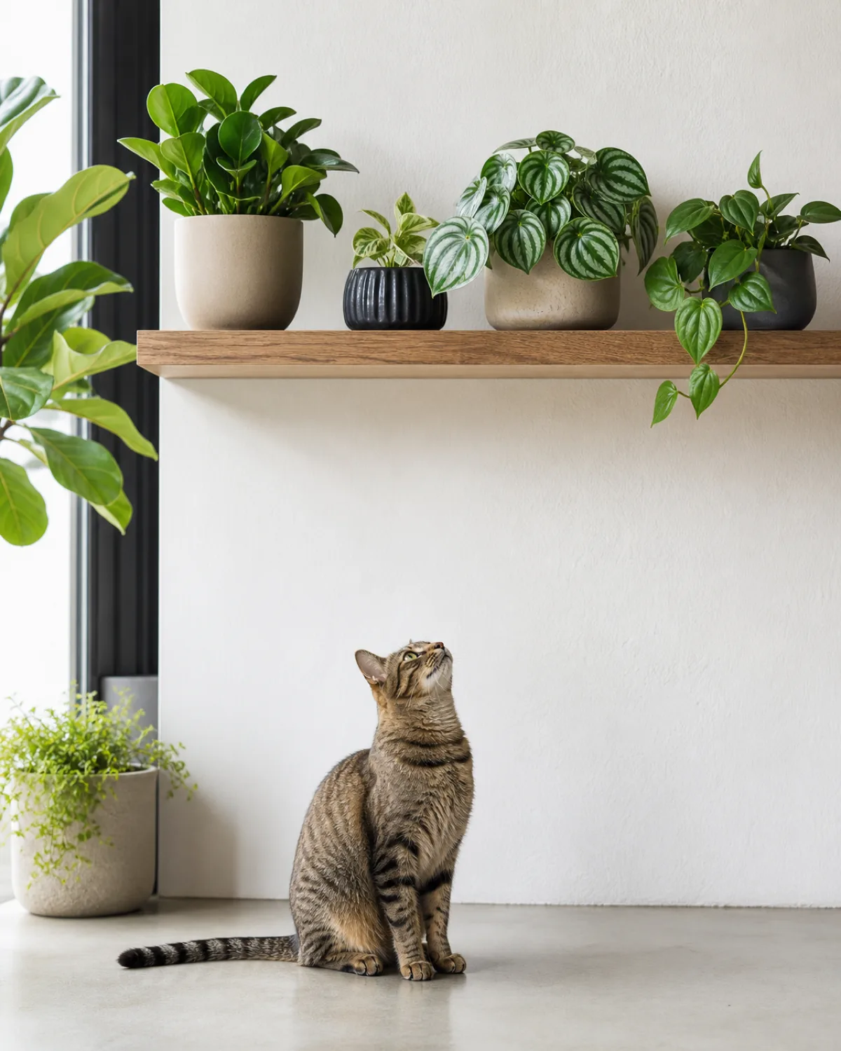 Several small peperomia plants including a watermelon peperomia with round silver-striped leaves and a peperomia obtusifolia with glossy dark green leaves arranged on a high floating shelf with a cat sitting on the floor below looking up in bright indirect light