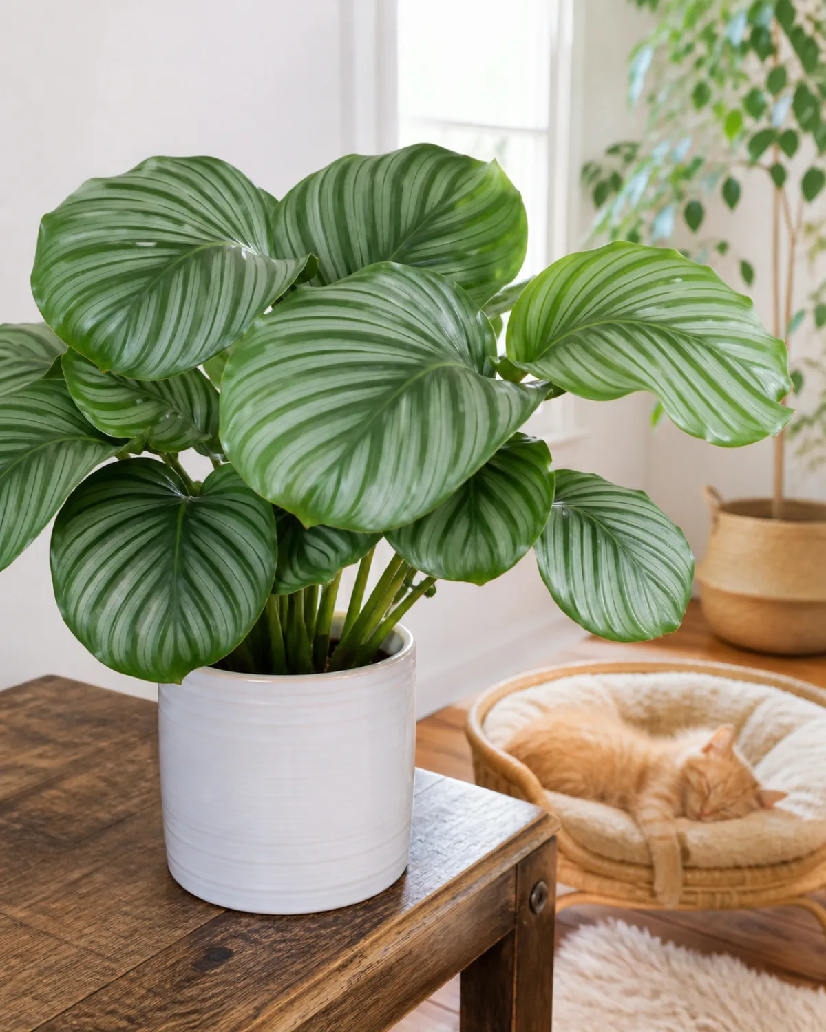 A calathea orbifolia with large round silver-green striped leaves in a white ceramic pot on a sturdy side table catching indirect light and showing dramatic patterns with a cat bed and sleeping orange kitten visible in the background