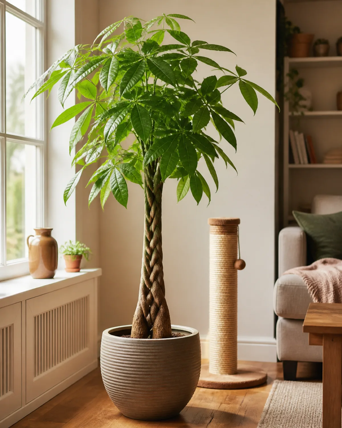 A money tree Pachira aquatica with a thick braided trunk and lush palmate green leaves in a large floor pot in a bright living room with a cat scratching post positioned nearby in warm natural light from a large window
