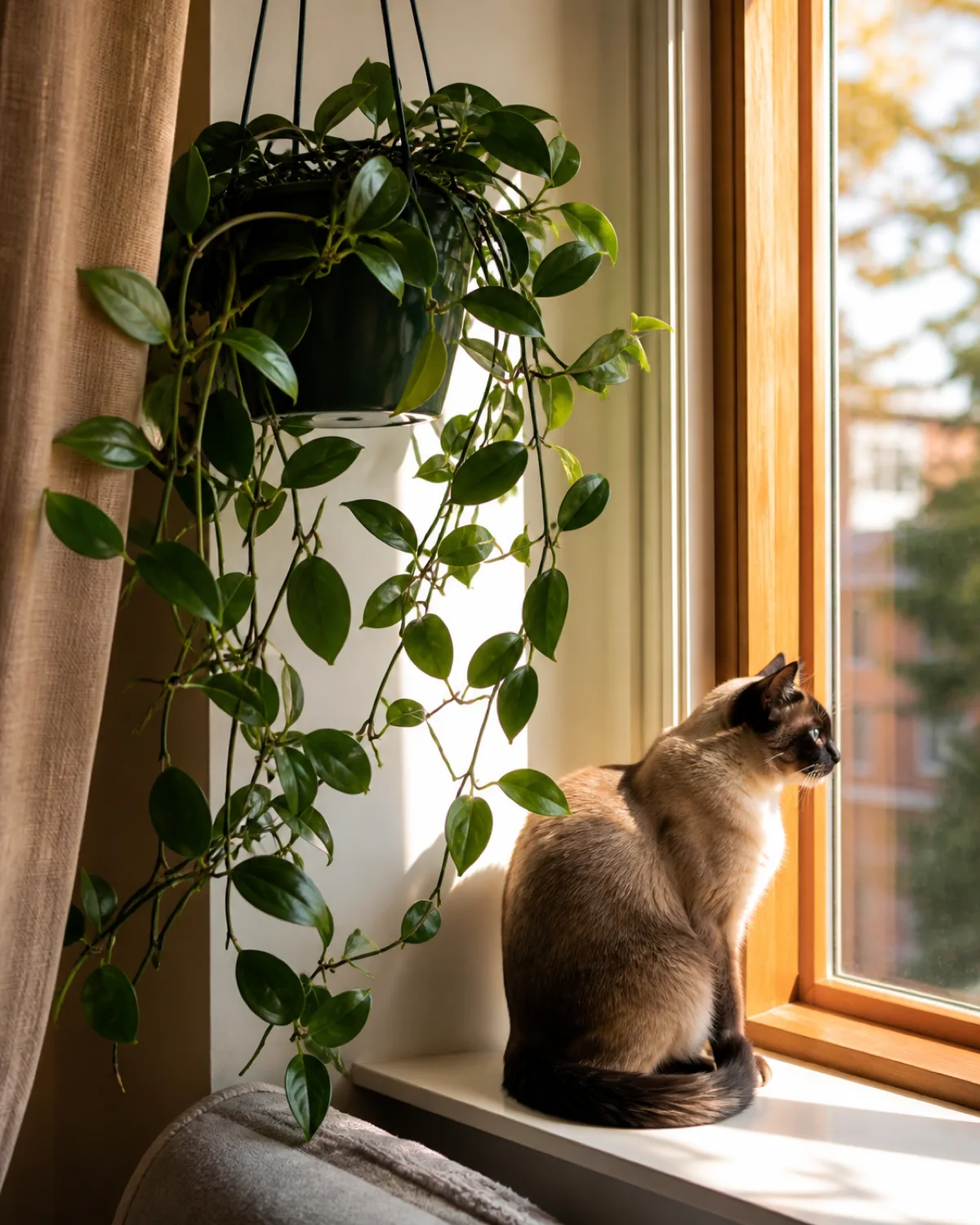 A hoya carnosa with thick waxy dark green leaves trailing from a hanging planter near a bright window with vines cascading down and a Siamese cat sitting on the windowsill below looking out the window uninterested in the plant
