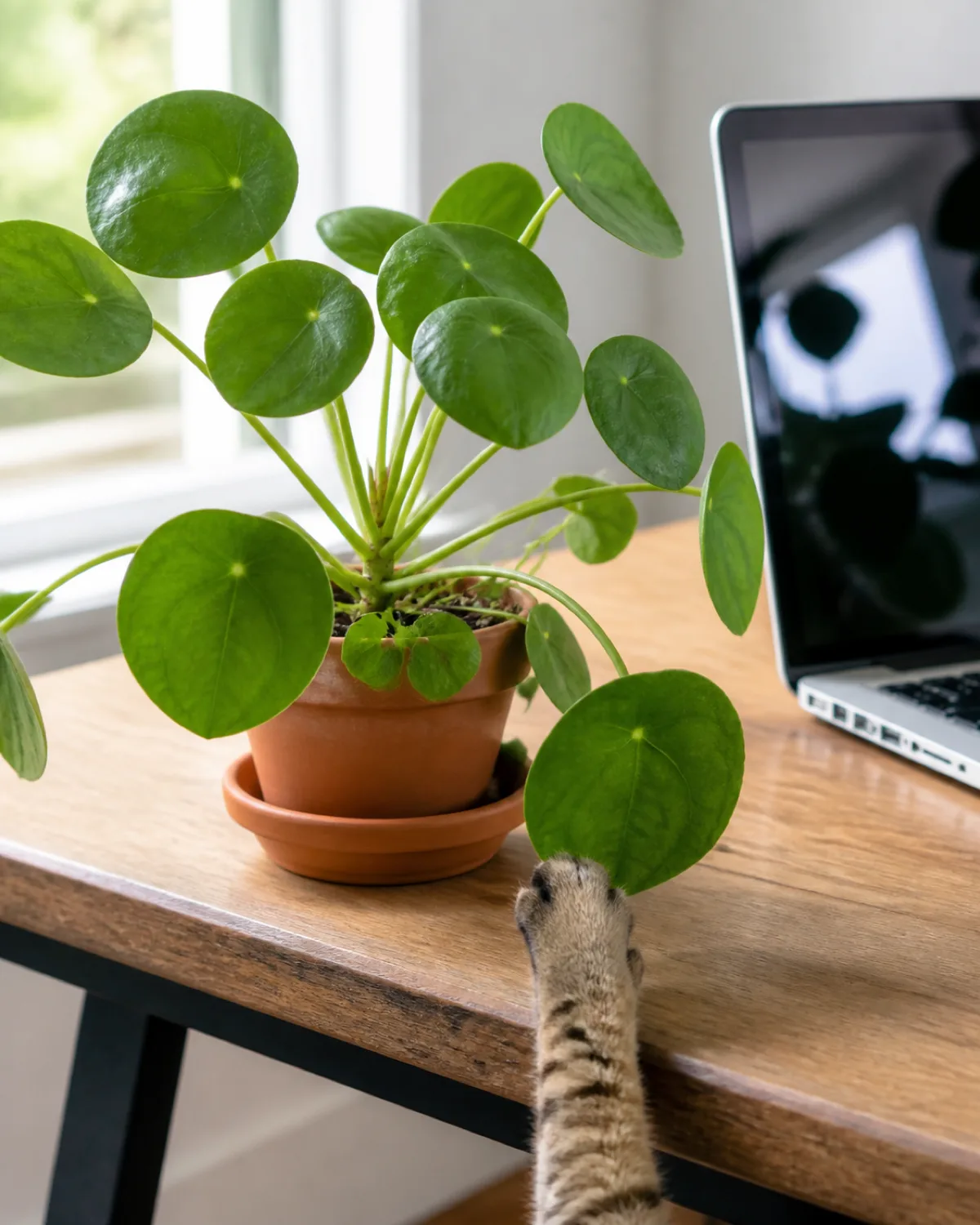 A pilea peperomioides with round coin-shaped leaves on thin stems in a small terracotta pot on a desk beside a laptop with baby pilea pups visible growing from the base and a cat paw reaching up toward a wobbling leaf from below the desk edge