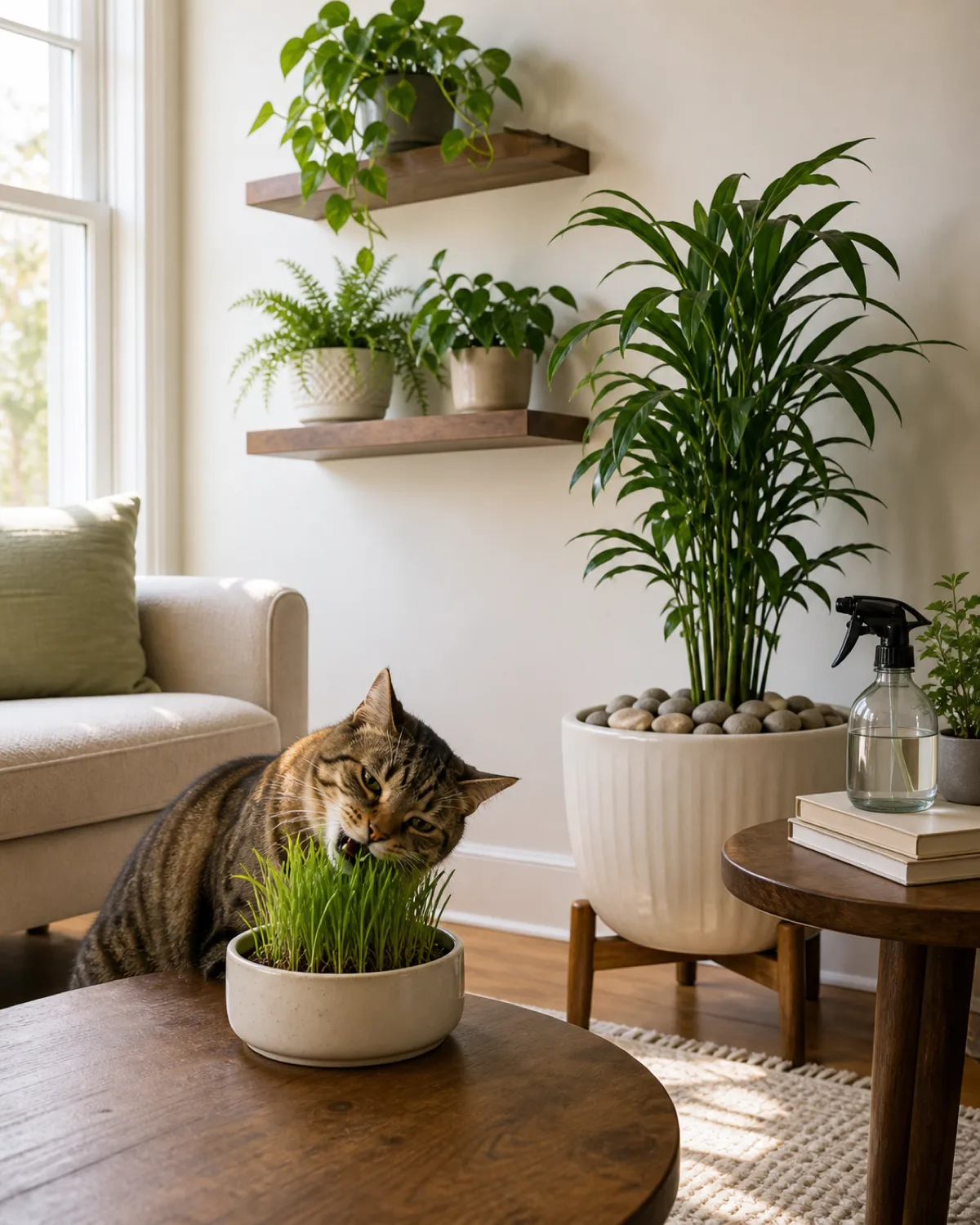 A well-organized cat-friendly plant corner in a bright living room showing floating shelves with plants elevated out of reach and decorative river stones covering the soil of a floor plant with a pot of fresh cat grass on a low table and a tabby cat chewing the cat grass